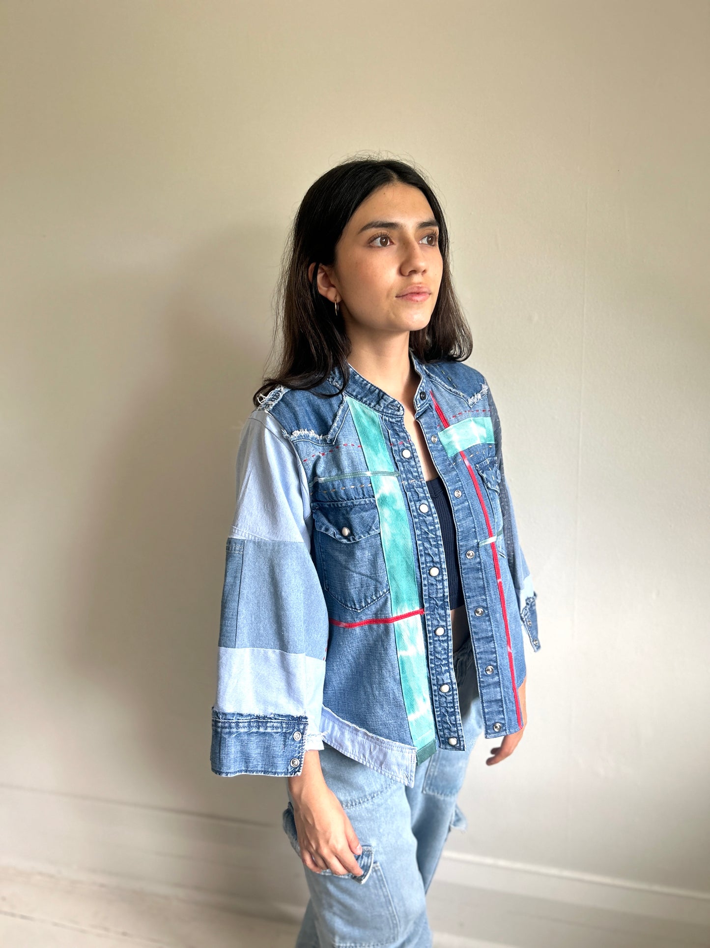 Ellis Reclaimed Patchwork Denim Shirt with Handstitching & Hand Dyed Twill Ribbon S/M #ELL3