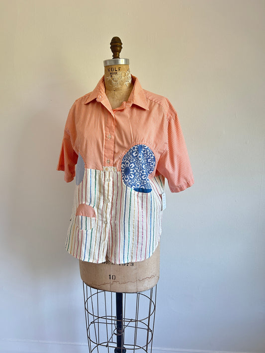 Upcycled Modern Workwear Cotton Blend Shirt - Circle Series Size L/XL #PIN24