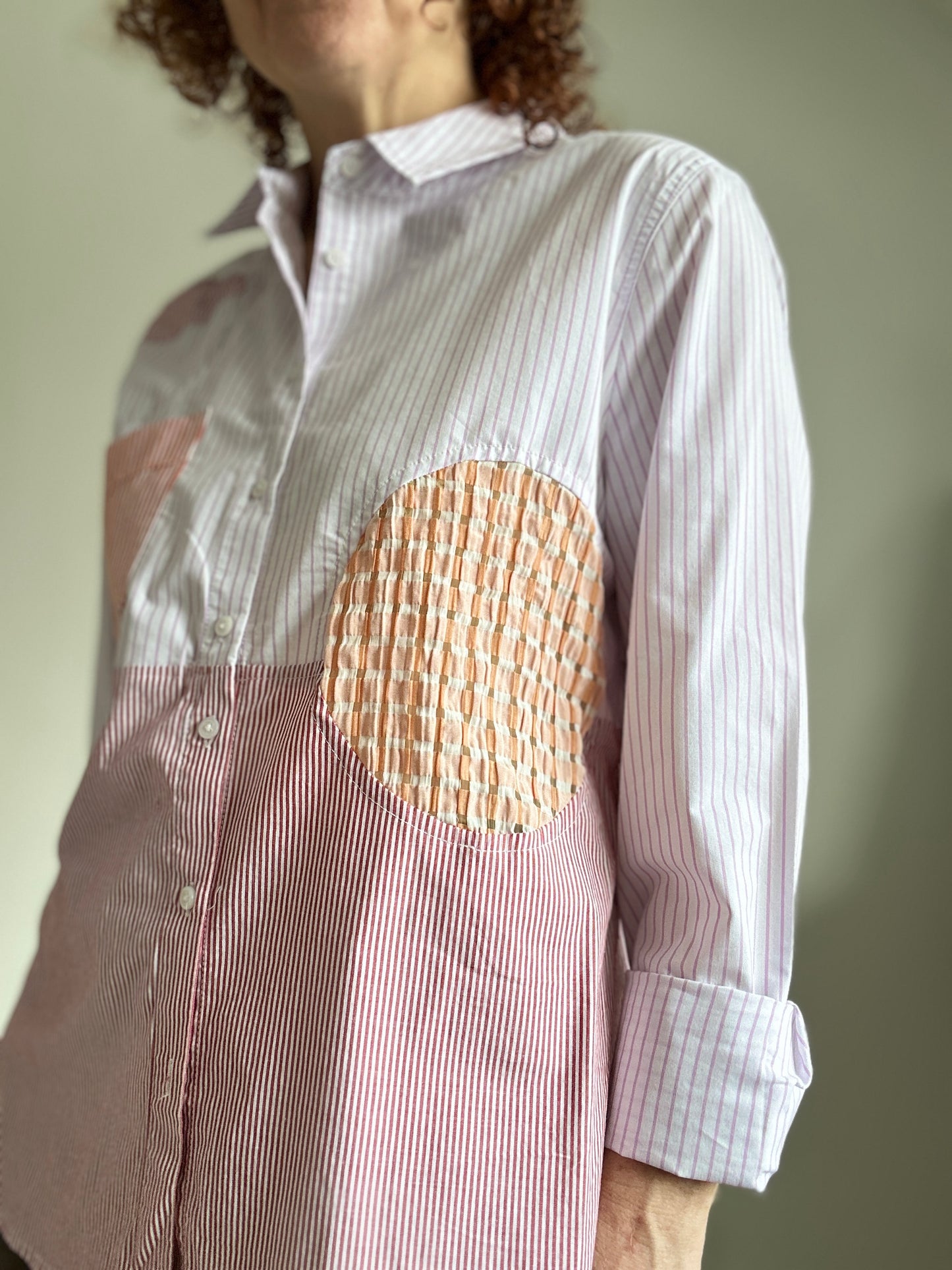 Upcycled Modern Workwear Pinstripe Shirt - Circle Series Size L/XL #PIN13