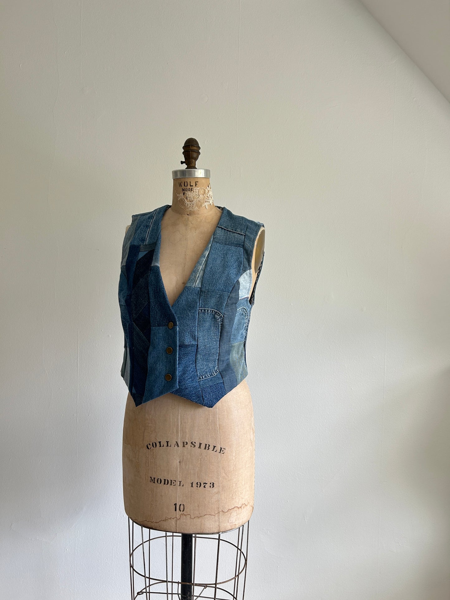 Leni Reclaimed Patchwork Denim Vest with Cotton Lining S/M #LENI3