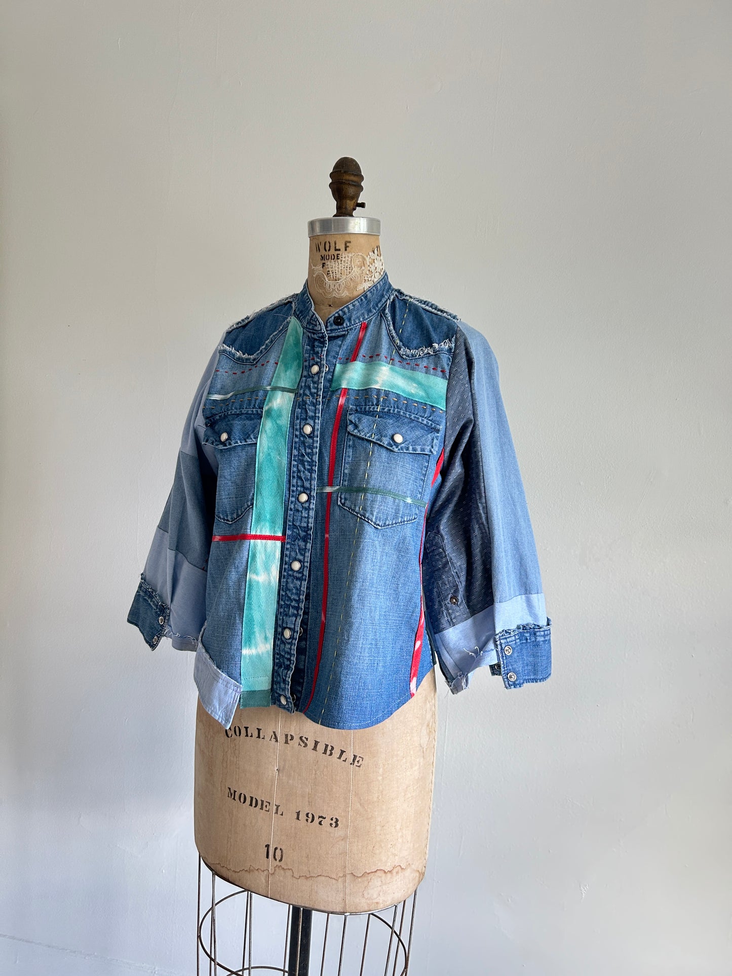 Ellis Reclaimed Patchwork Denim Shirt with Handstitching & Hand Dyed Twill Ribbon S/M #ELL3