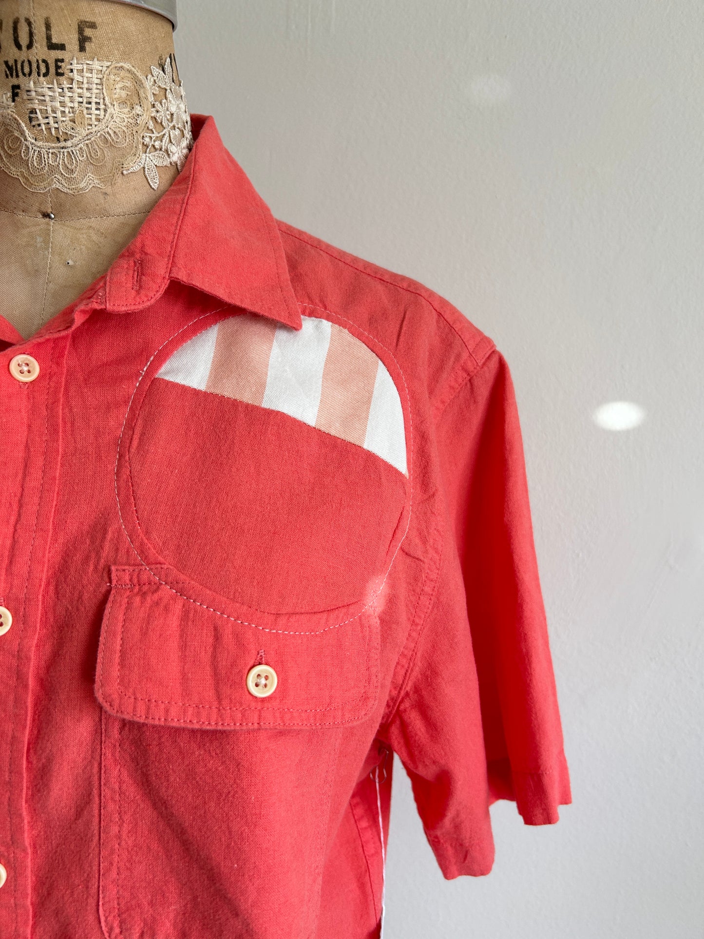 Upcycled Modern Workwear Cotton Linen Stripe Shirt - Circle Series Size M/L #PIN5