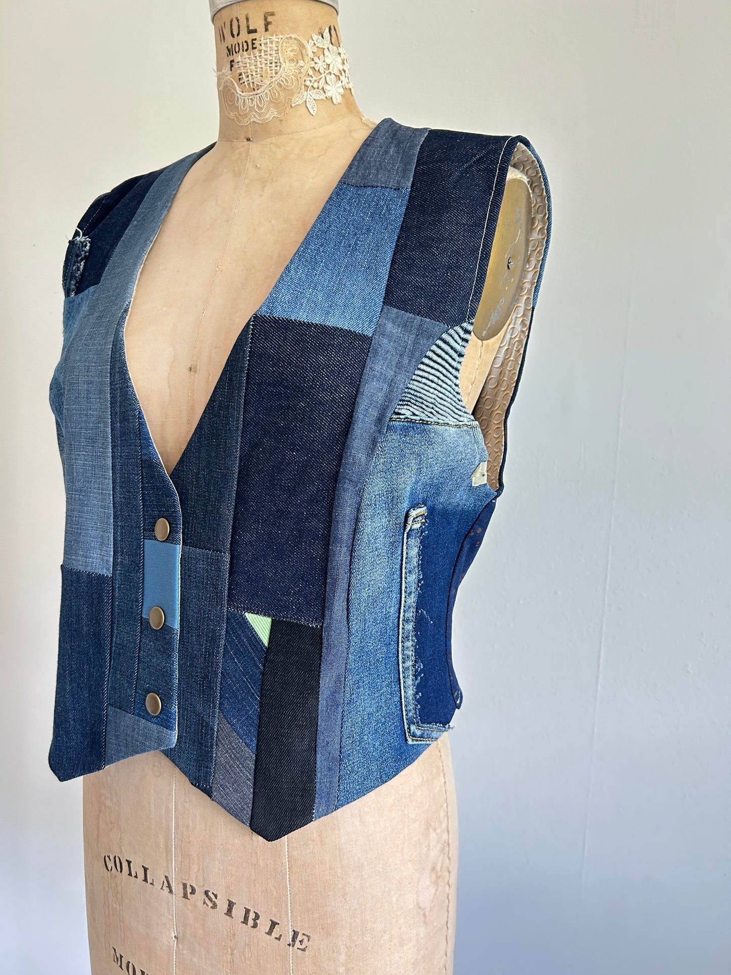 Leni Reclaimed Patchwork Denim Vest with Cotton Lining M/L #LENI6