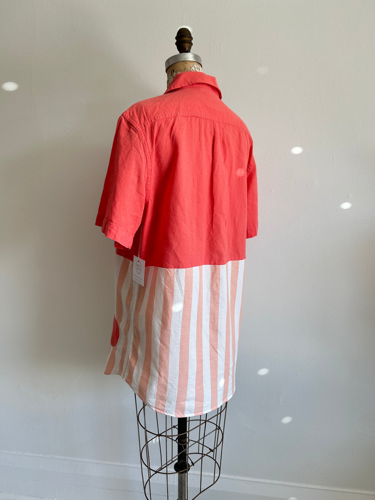 Upcycled Modern Workwear Cotton Linen Stripe Shirt - Circle Series Size M/L #PIN5