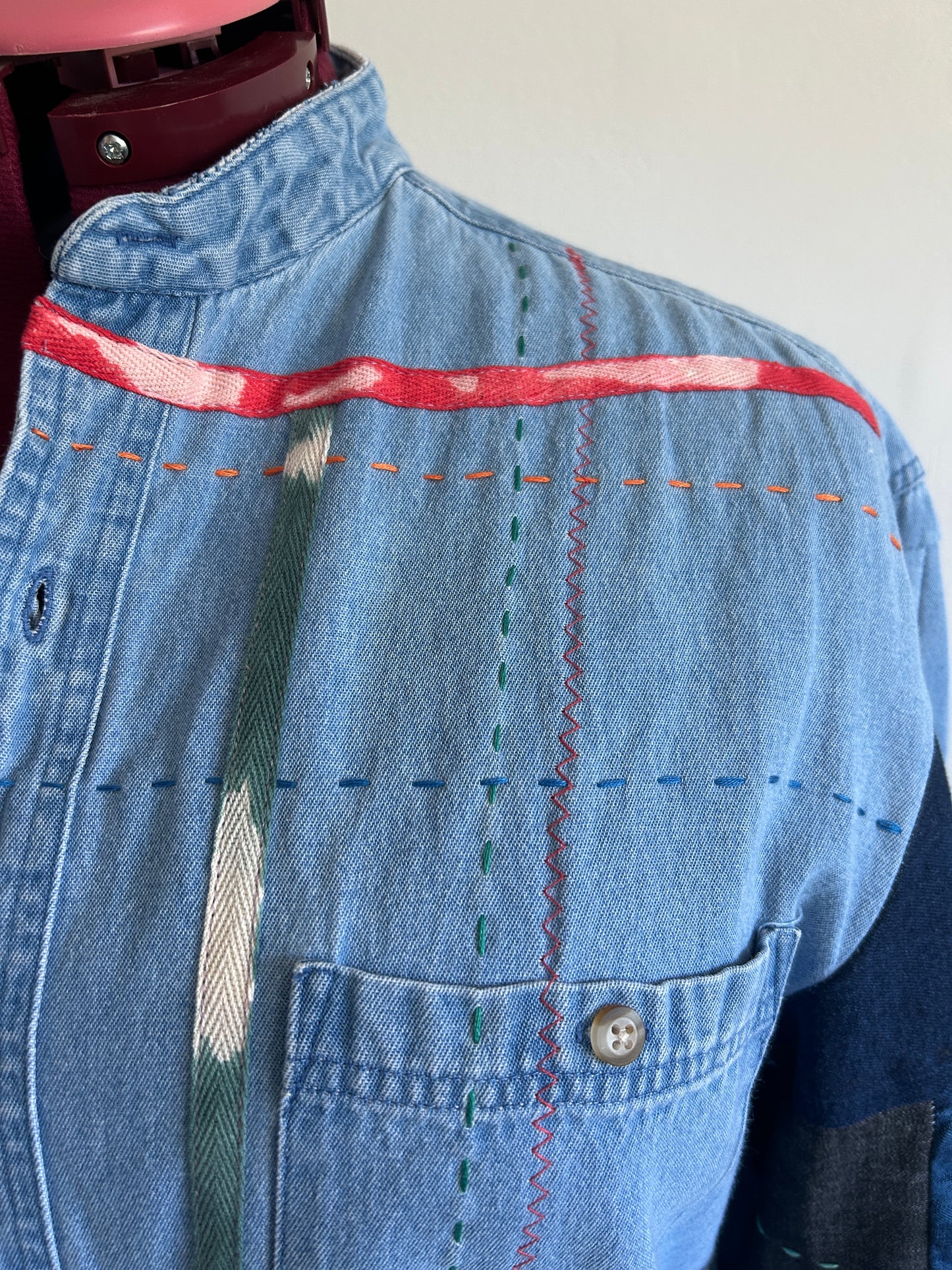 Ellis Reclaimed Patchwork Wrangler Denim Shirt with Handstitching & Hand Dyed Twill Ribbon 2X/3X #ELL6
