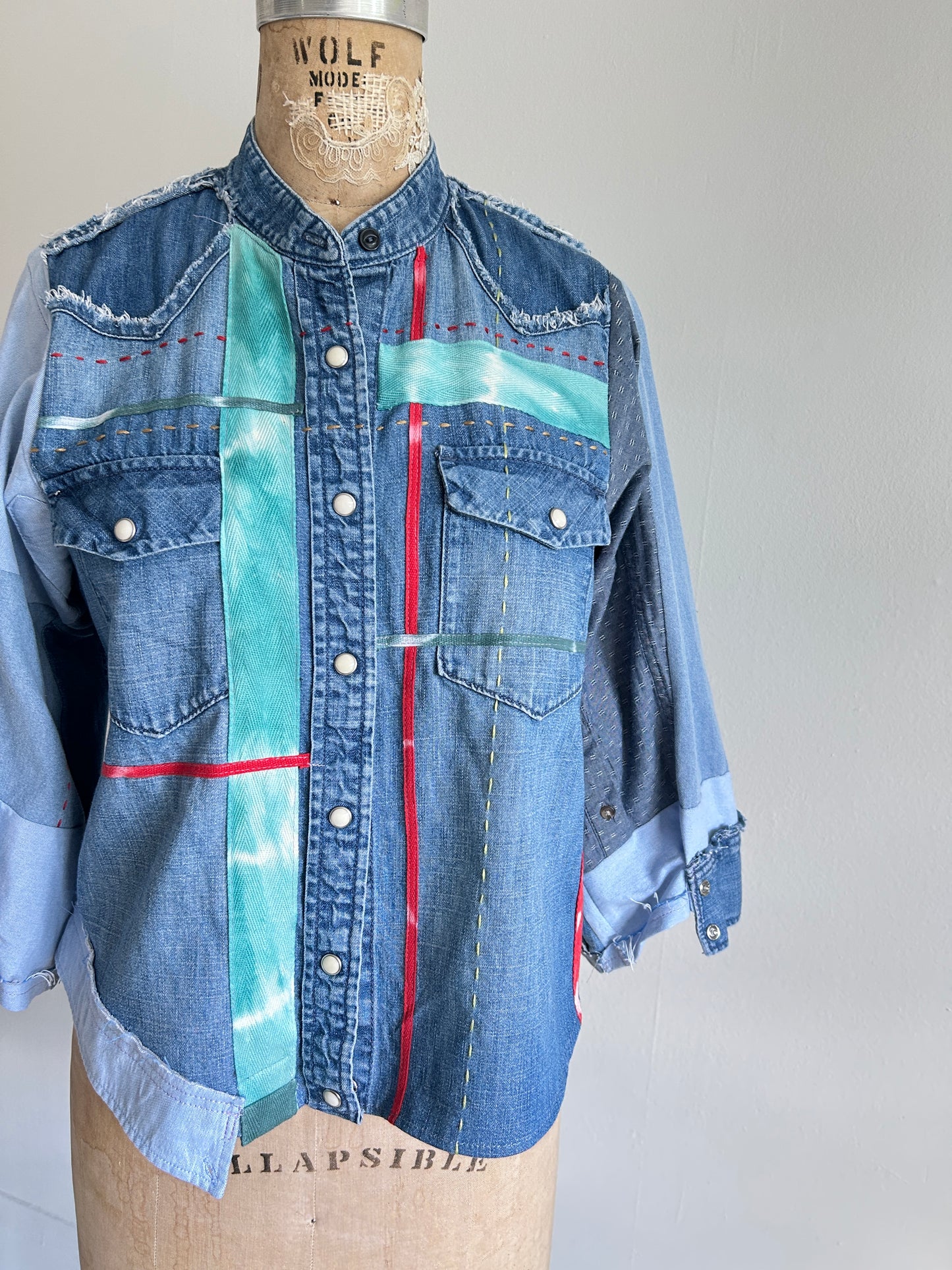 Ellis Reclaimed Patchwork Denim Shirt with Handstitching & Hand Dyed Twill Ribbon S/M #ELL3