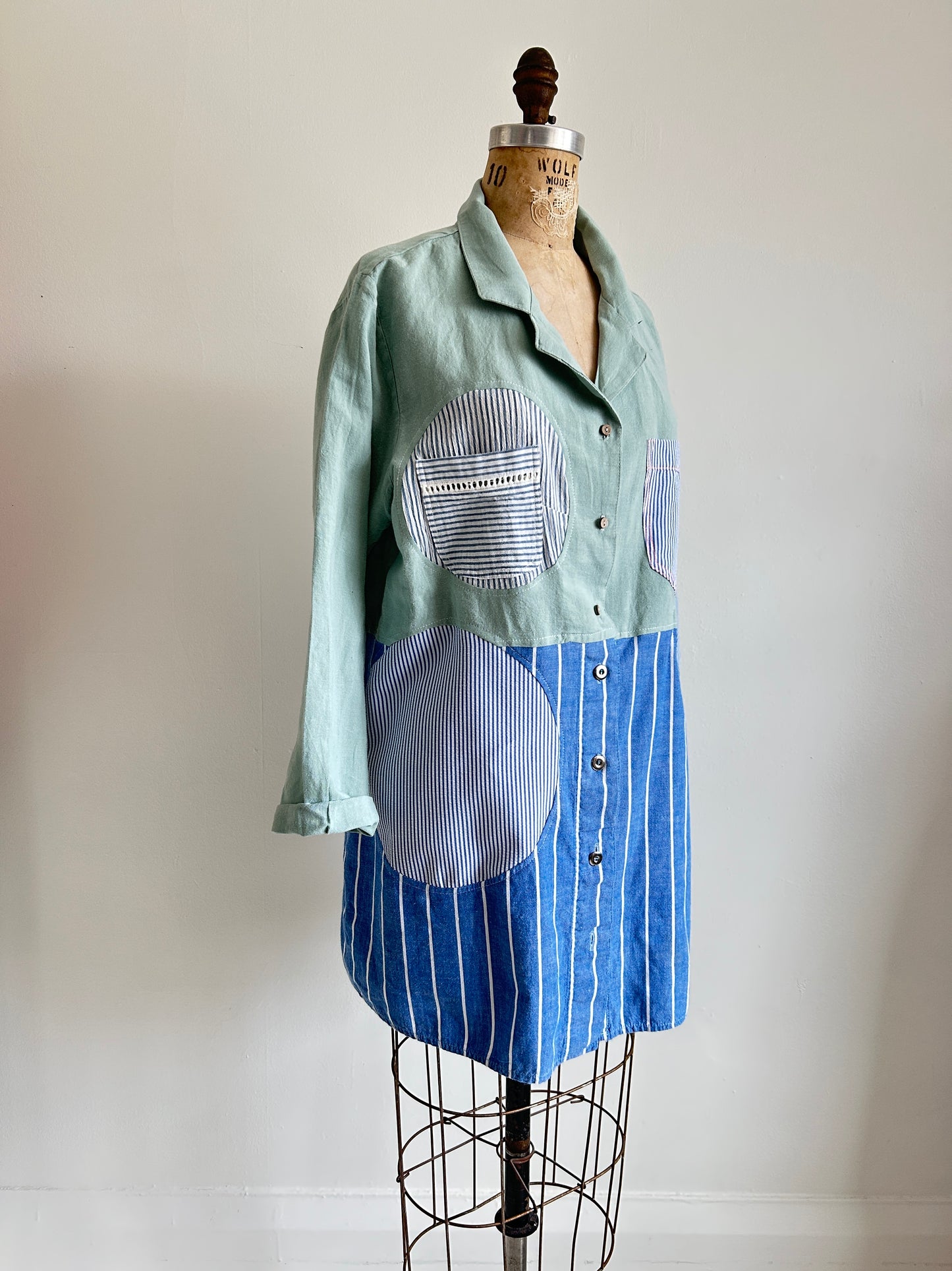 Upcycled Modern Workwear Pinstripe Shirt - Circle Series Size L/XL #PIN2
