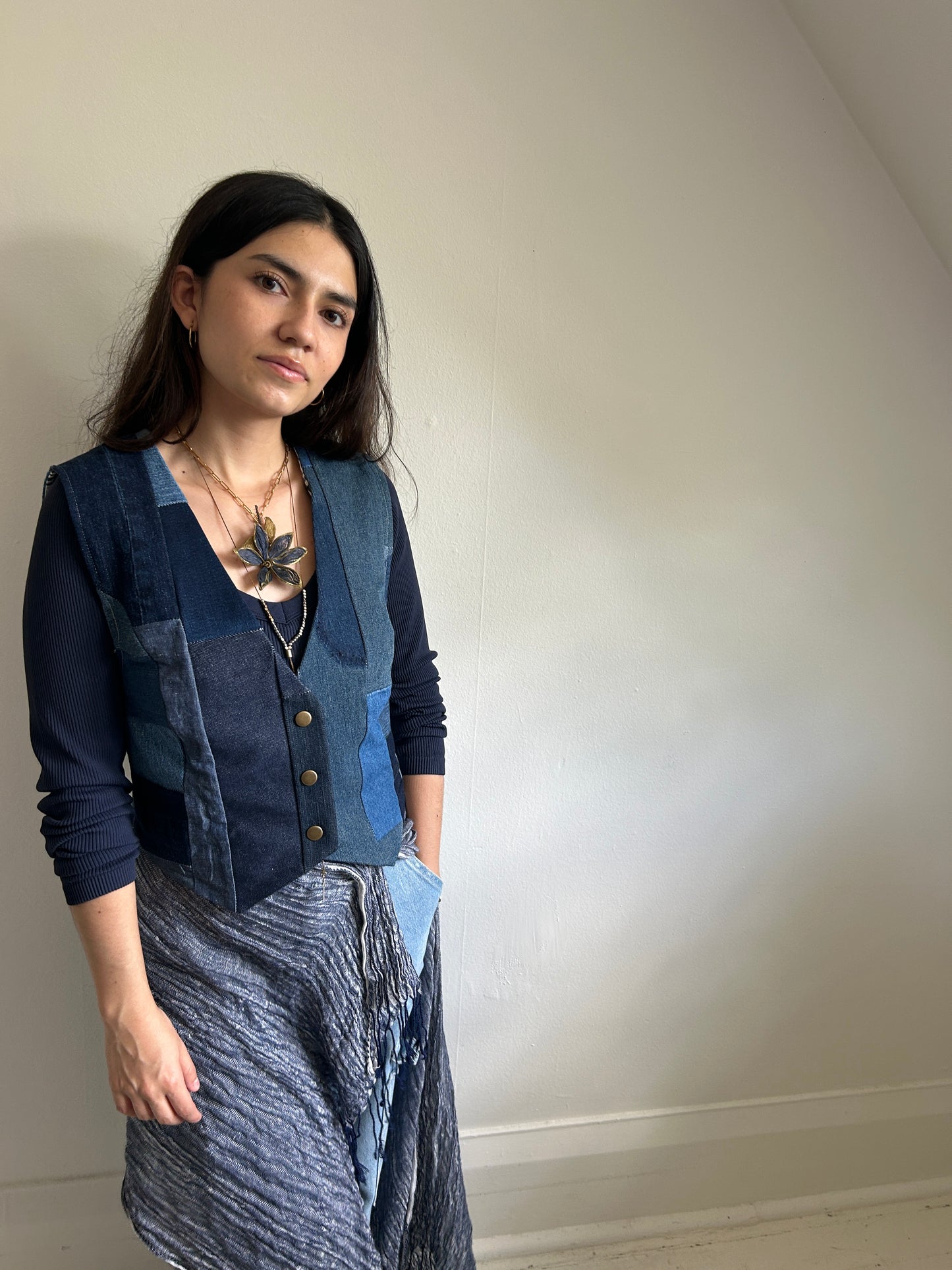 Leni Reclaimed Patchwork Denim Vest with Cotton Lining XS #LENI1