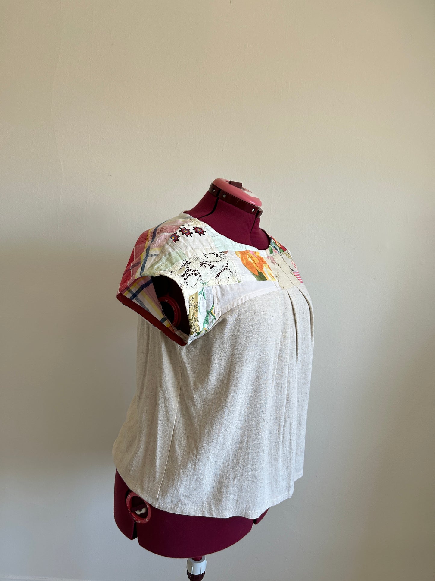 Peony Top - One of a Kind Upcycled & Vintage Textiles, Embroidery & Lace Cotton & Linen Size XL #PEO14