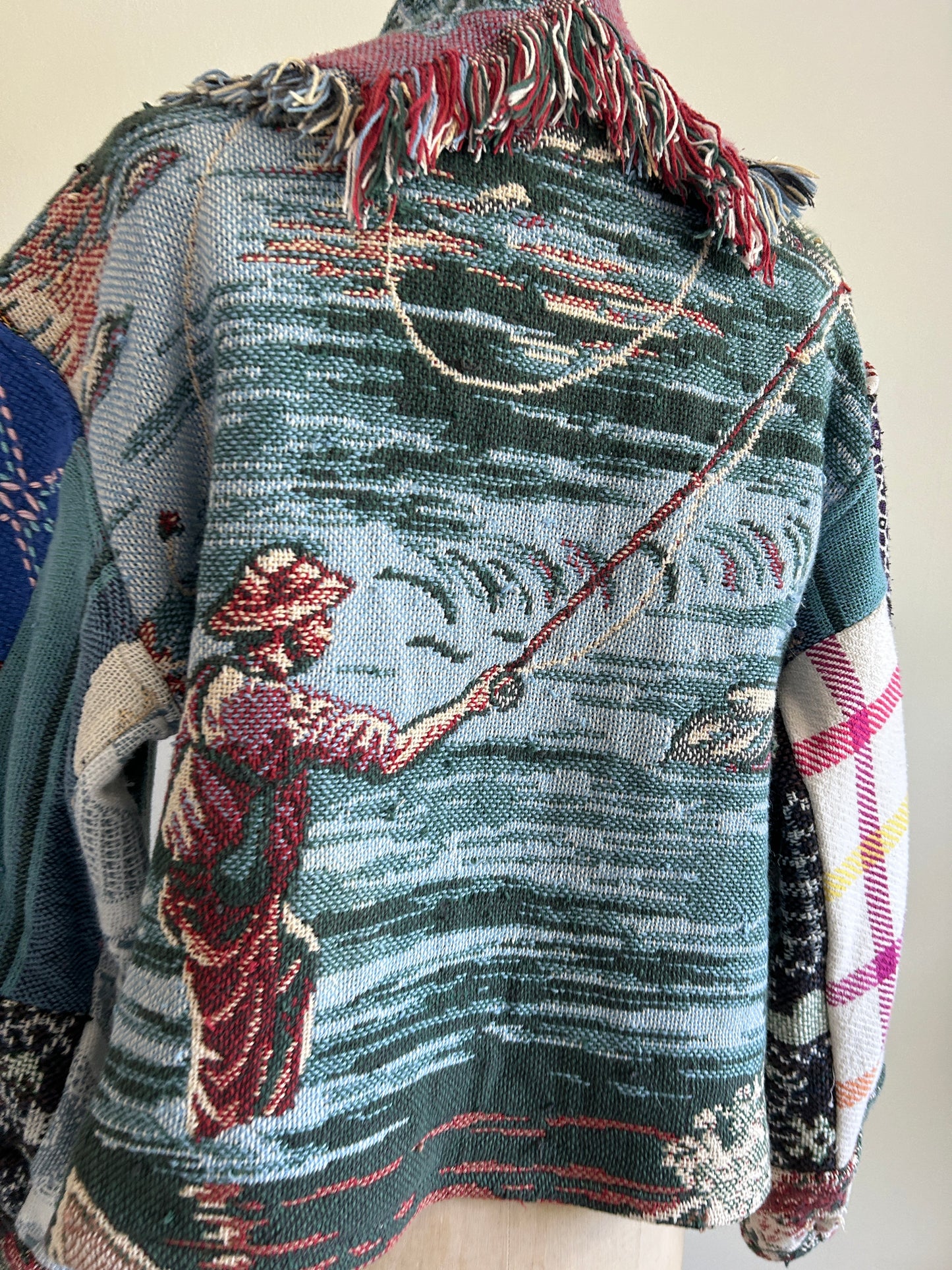 Vivianne Cropped Jacket with Upcycled Fishing Themed Throw Blanket Size M/L #VIVT10