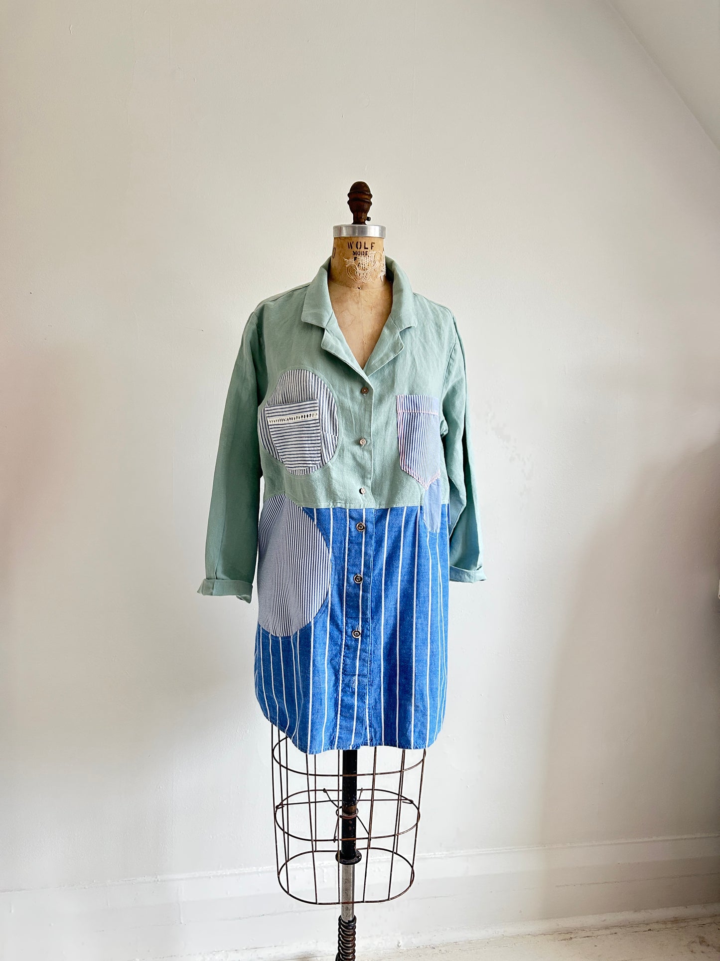 Upcycled Modern Workwear Pinstripe Shirt - Circle Series Size L/XL #PIN2