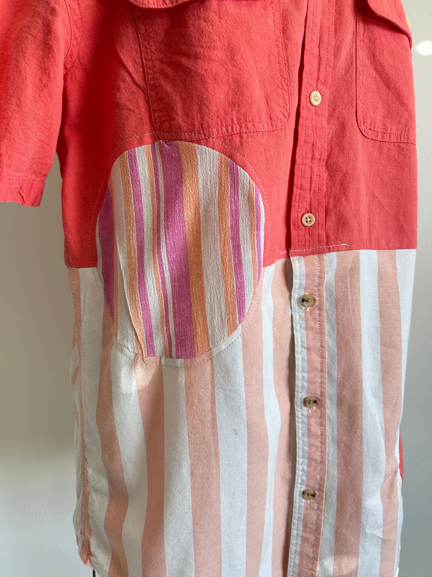 Upcycled Modern Workwear Cotton Linen Stripe Shirt - Circle Series Size M/L #PIN5