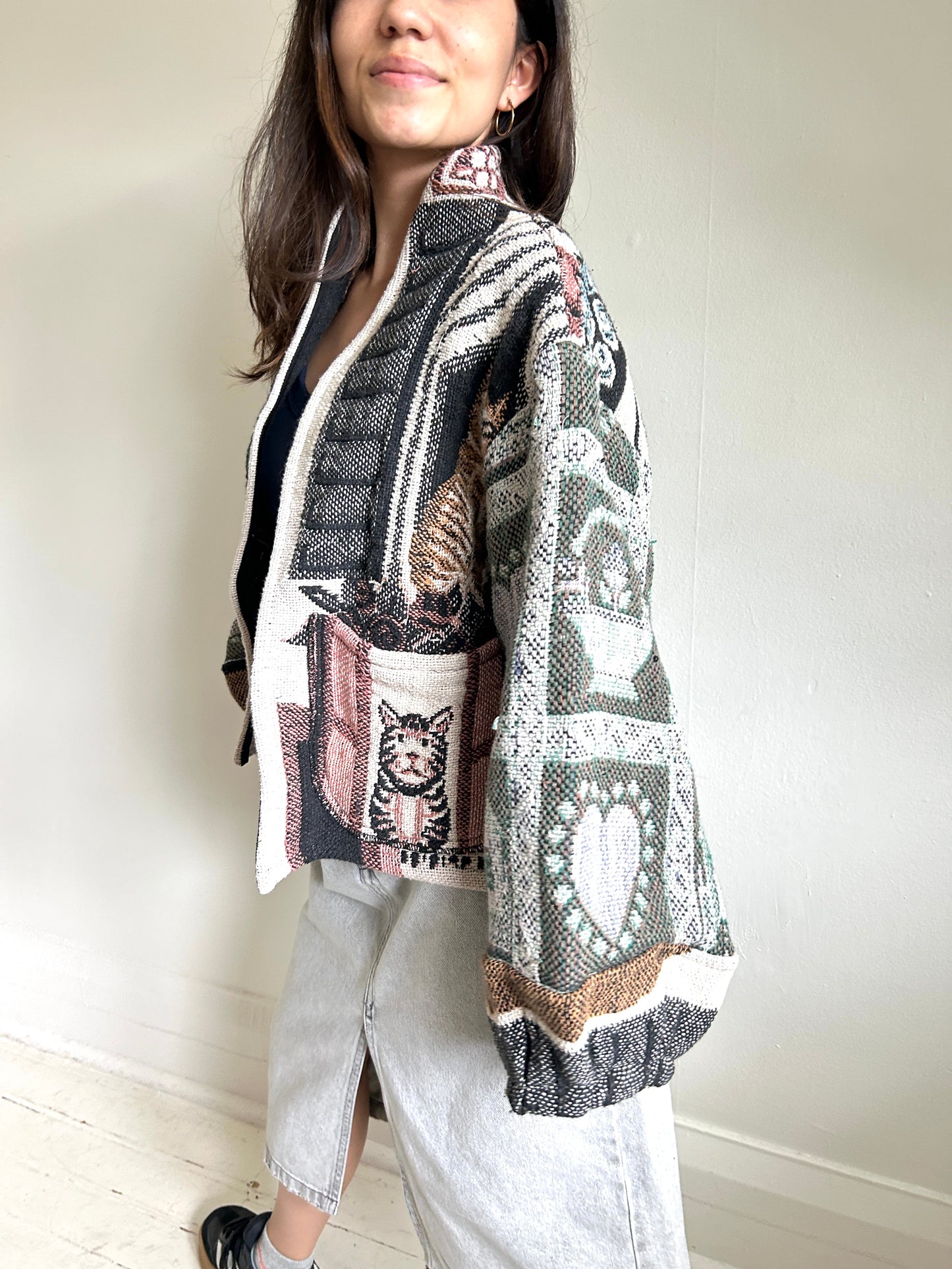 Vivianne Cropped Jacket with Upcycled Cat Themed Throw Blanket Size S/M #VIVT2