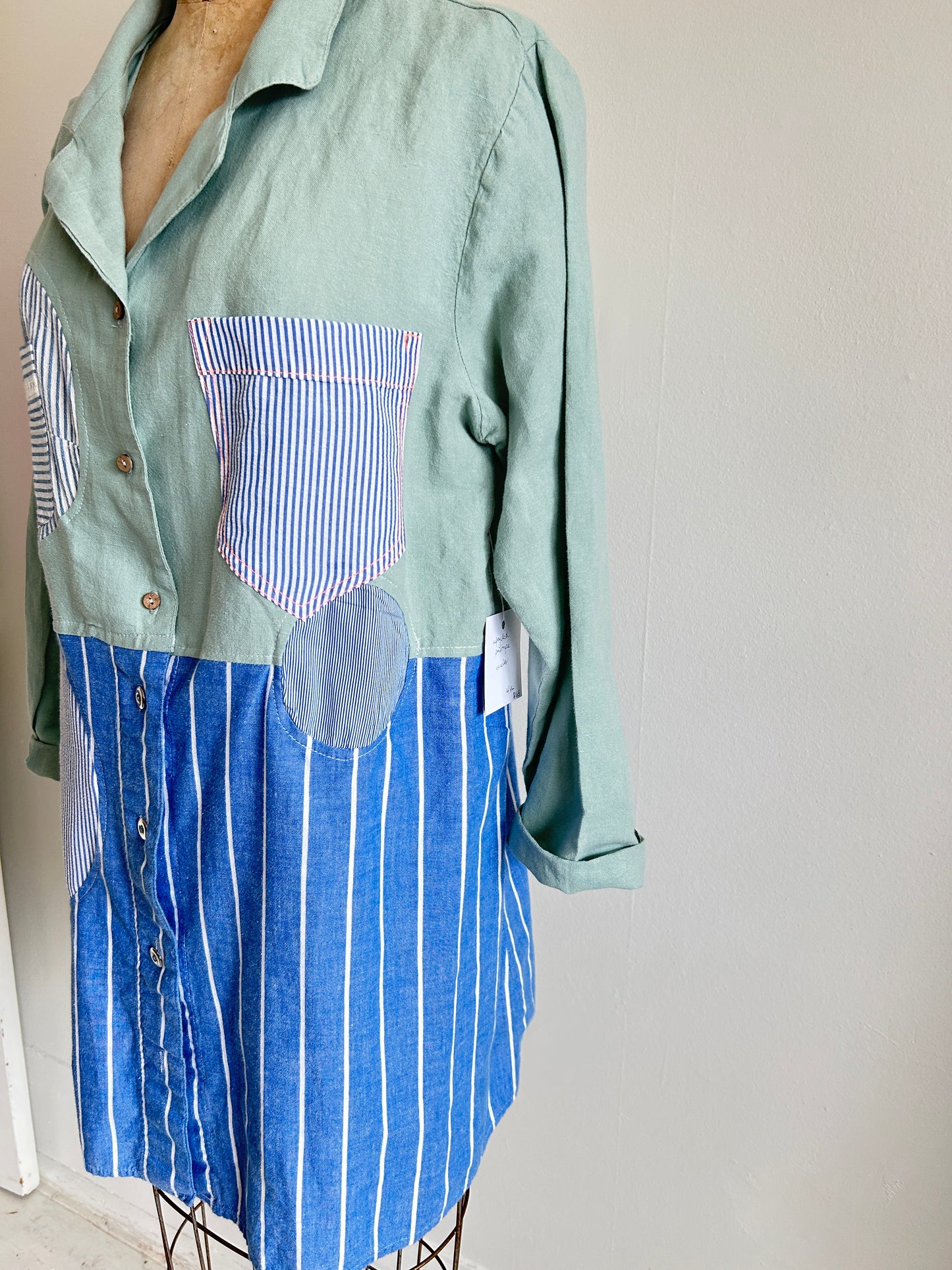 Upcycled Modern Workwear Pinstripe Shirt - Circle Series Size L/XL #PIN2