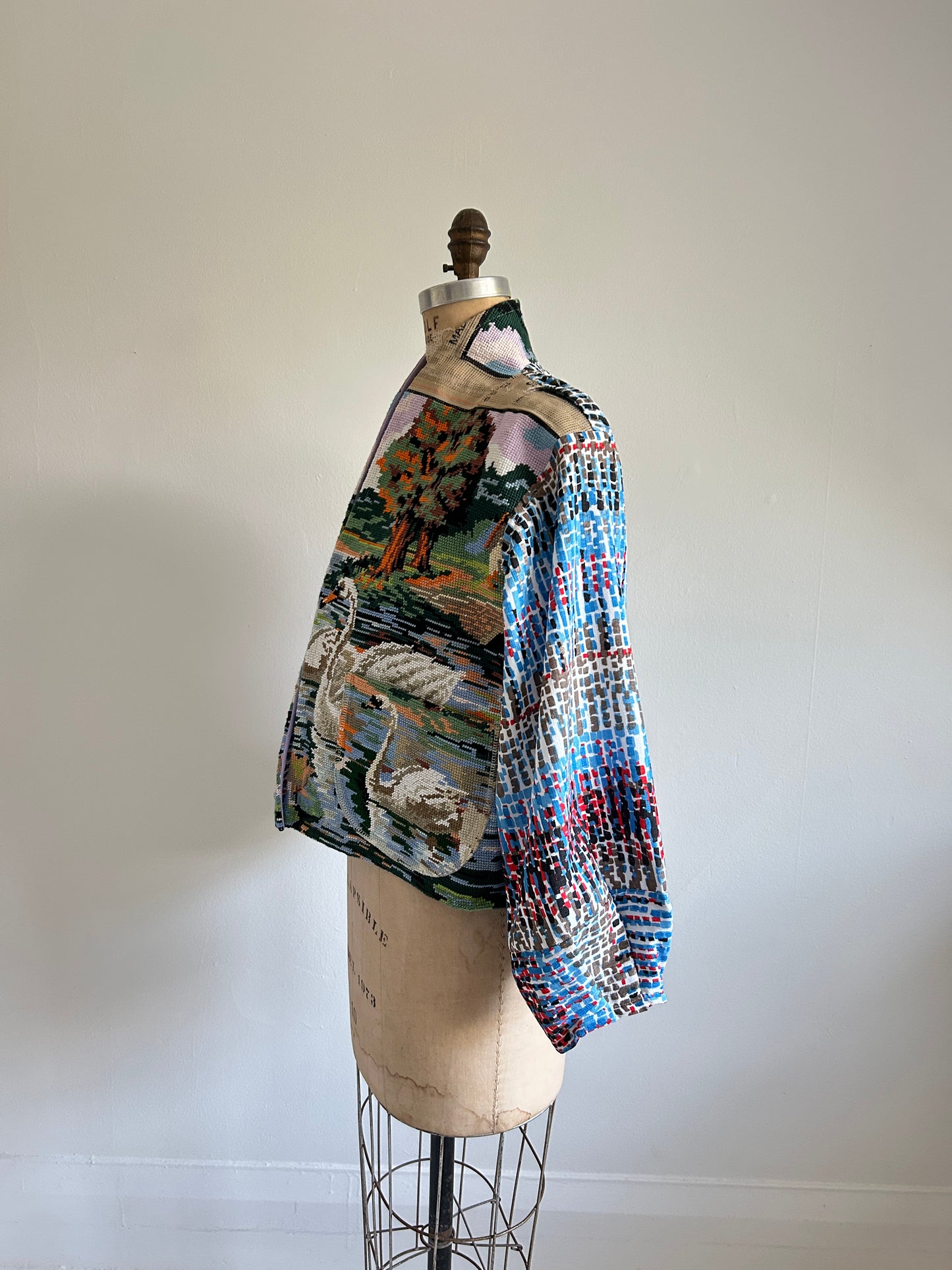 Vivianne Cropped Jacket with Vintage Needlepoint Swans Size M/L #VIVT21