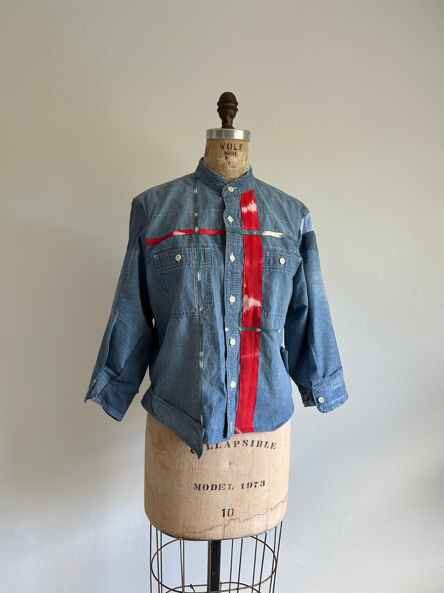 Ellis Reclaimed Patchwork Denim Shirt with Handstitching & Hand Dyed Twill Ribbon M/L #ELL4