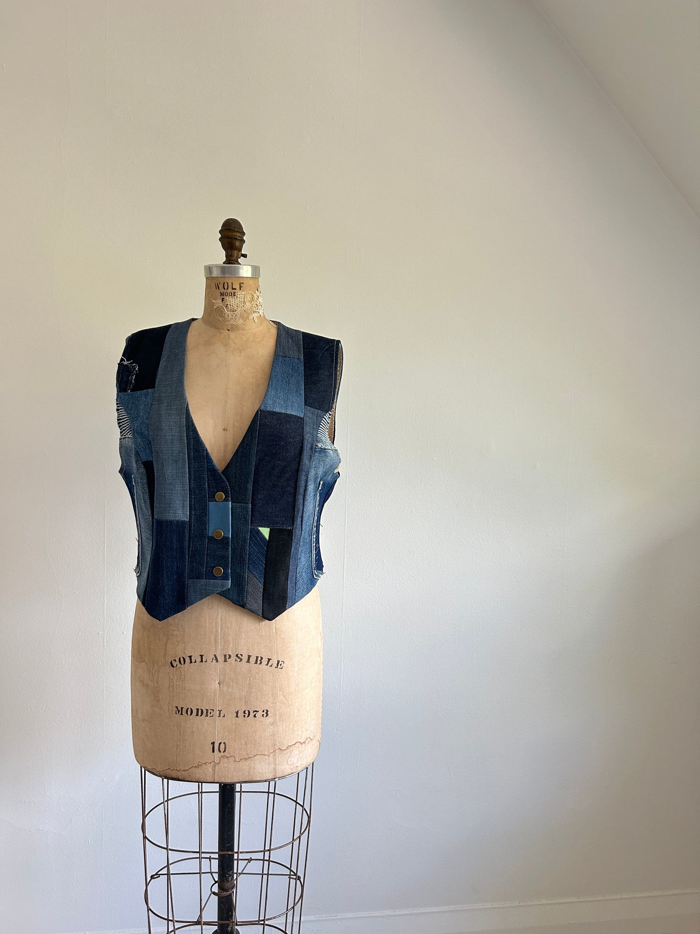 Leni Reclaimed Patchwork Denim Vest with Cotton Lining M/L #LENI6