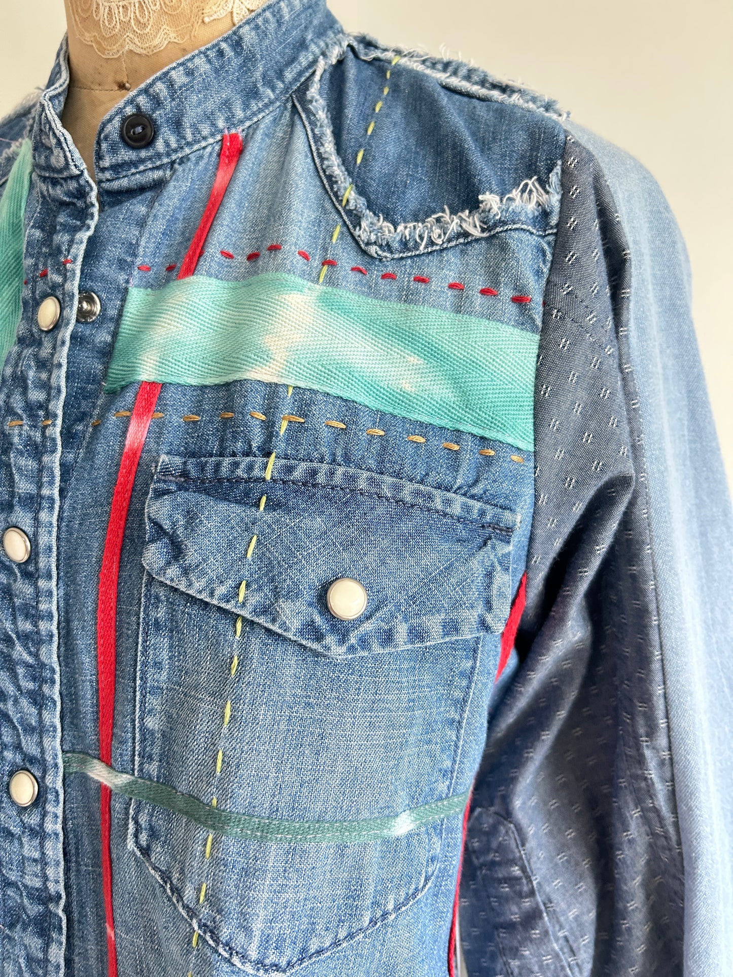 Ellis Reclaimed Patchwork Denim Shirt with Handstitching & Hand Dyed Twill Ribbon S/M #ELL3