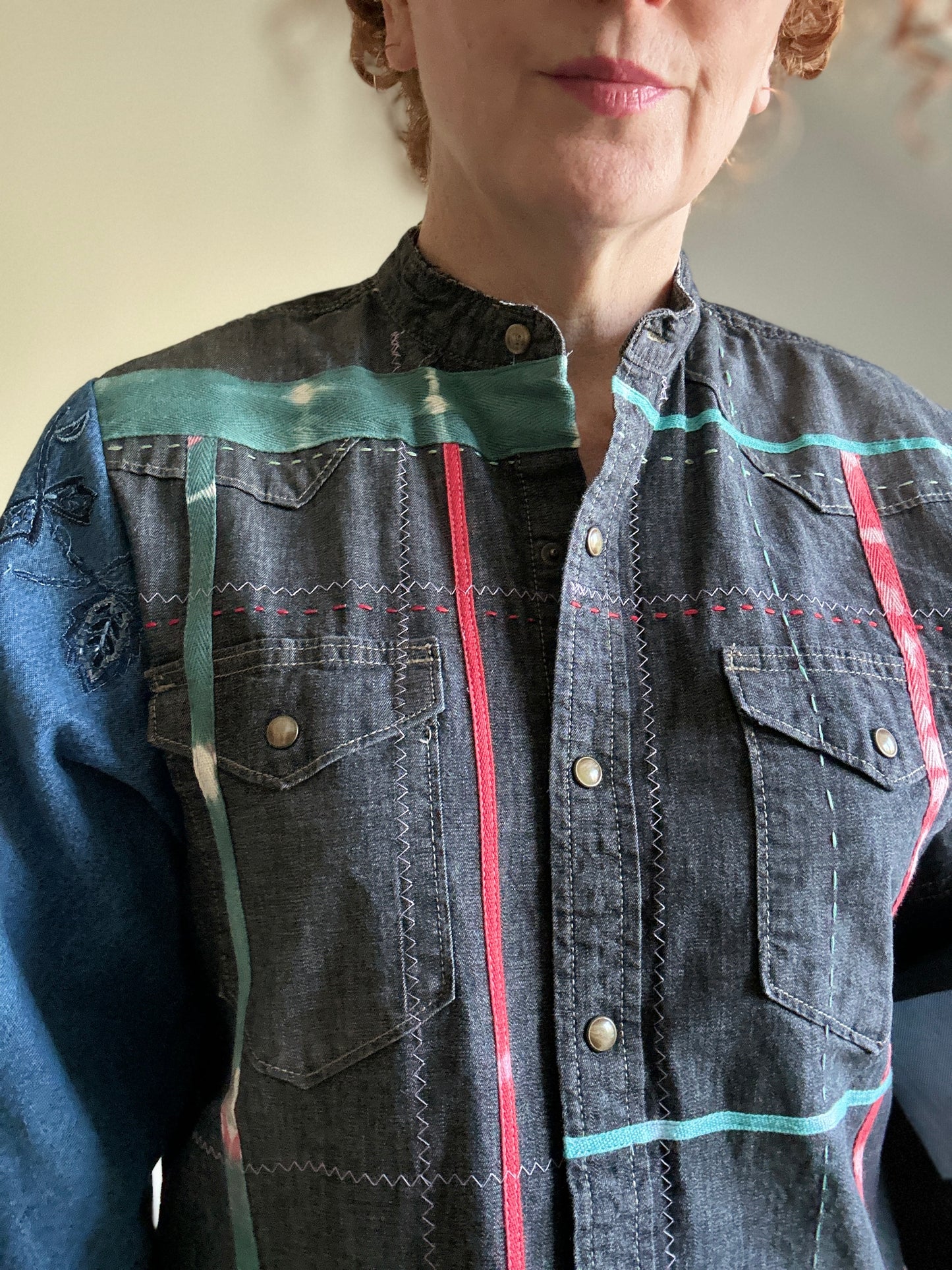 Ellis Reclaimed Patchwork Wrangler Denim Shirt with Handstitching & Hand Dyed Twill Ribbon M/L #ELL9