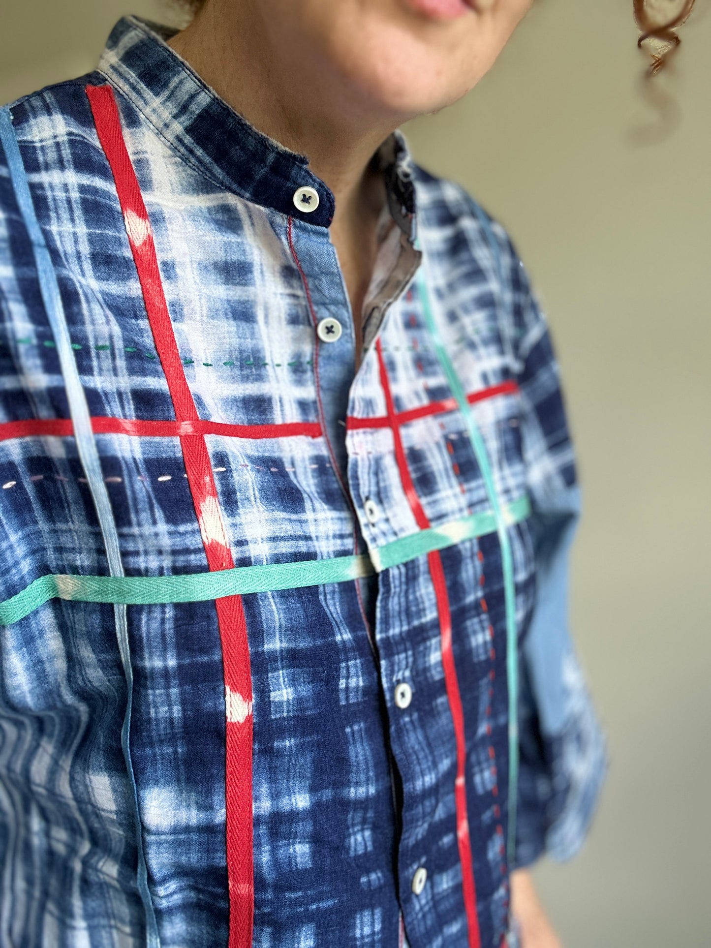 Ellis Reclaimed Patchwork Lightweight Cotton & Denim Shirt with Handstitching & Hand Dyed Twill Ribbon XL/2X #ELL5