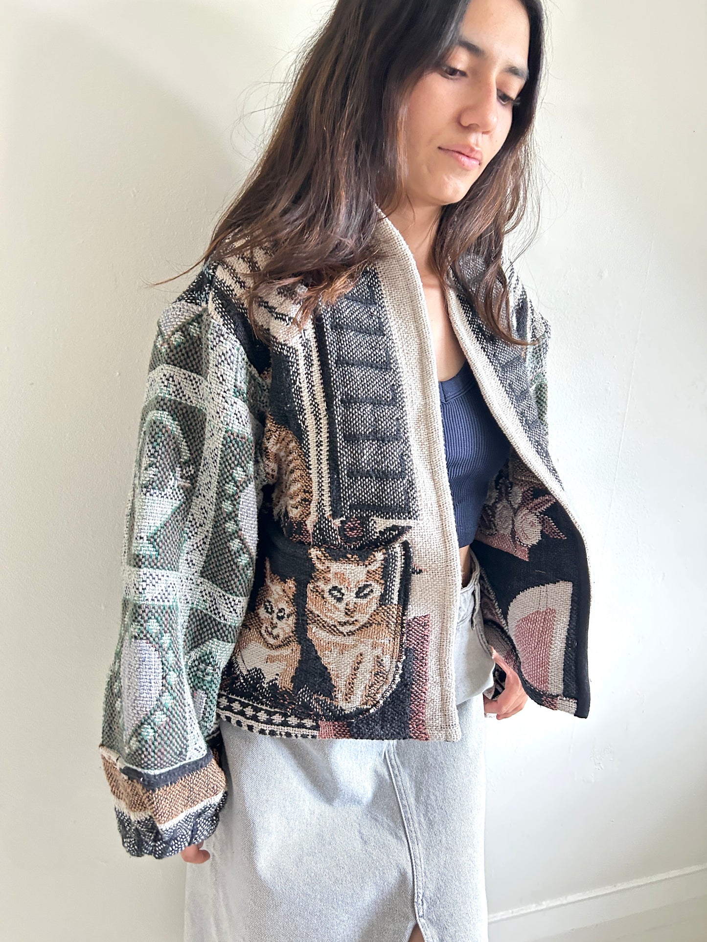 Vivianne Cropped Jacket with Upcycled Cat Themed Throw Blanket Size S/M #VIVT2