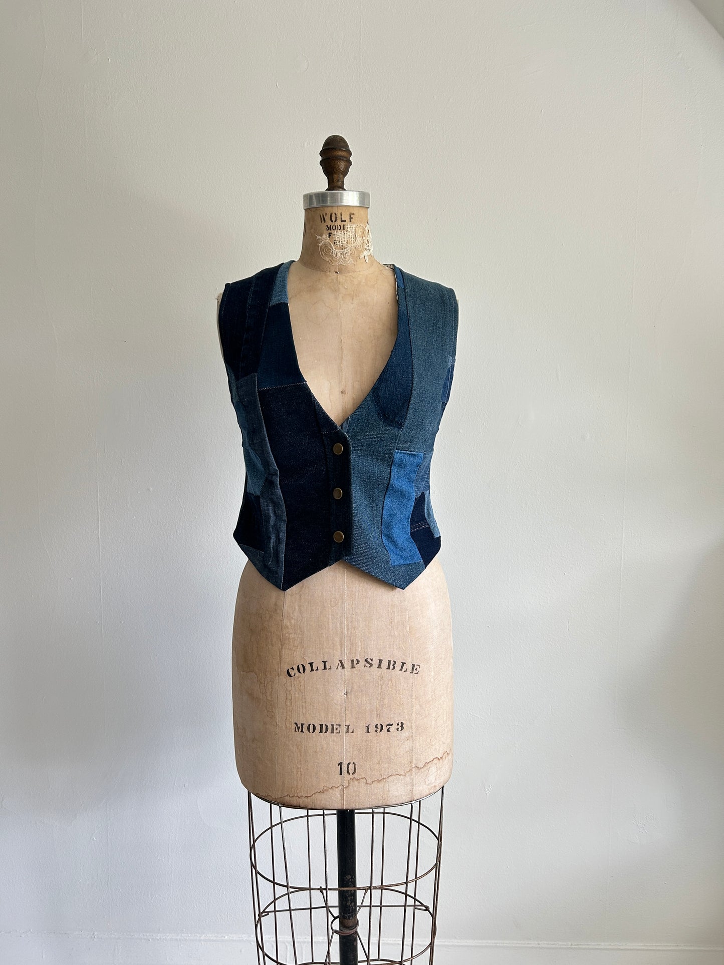 Leni Reclaimed Patchwork Denim Vest with Cotton Lining XS #LENI1