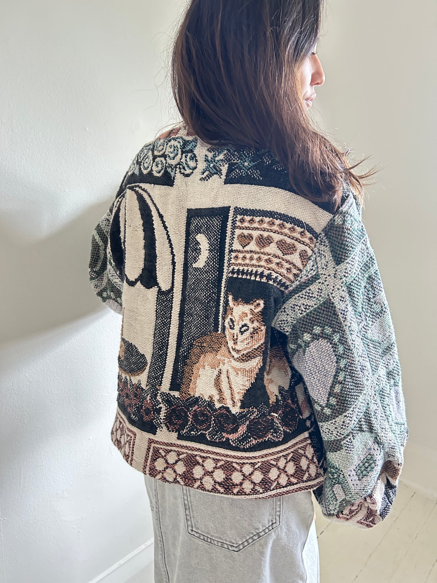 Vivianne Cropped Jacket with Upcycled Cat Themed Throw Blanket Size S/M #VIVT2