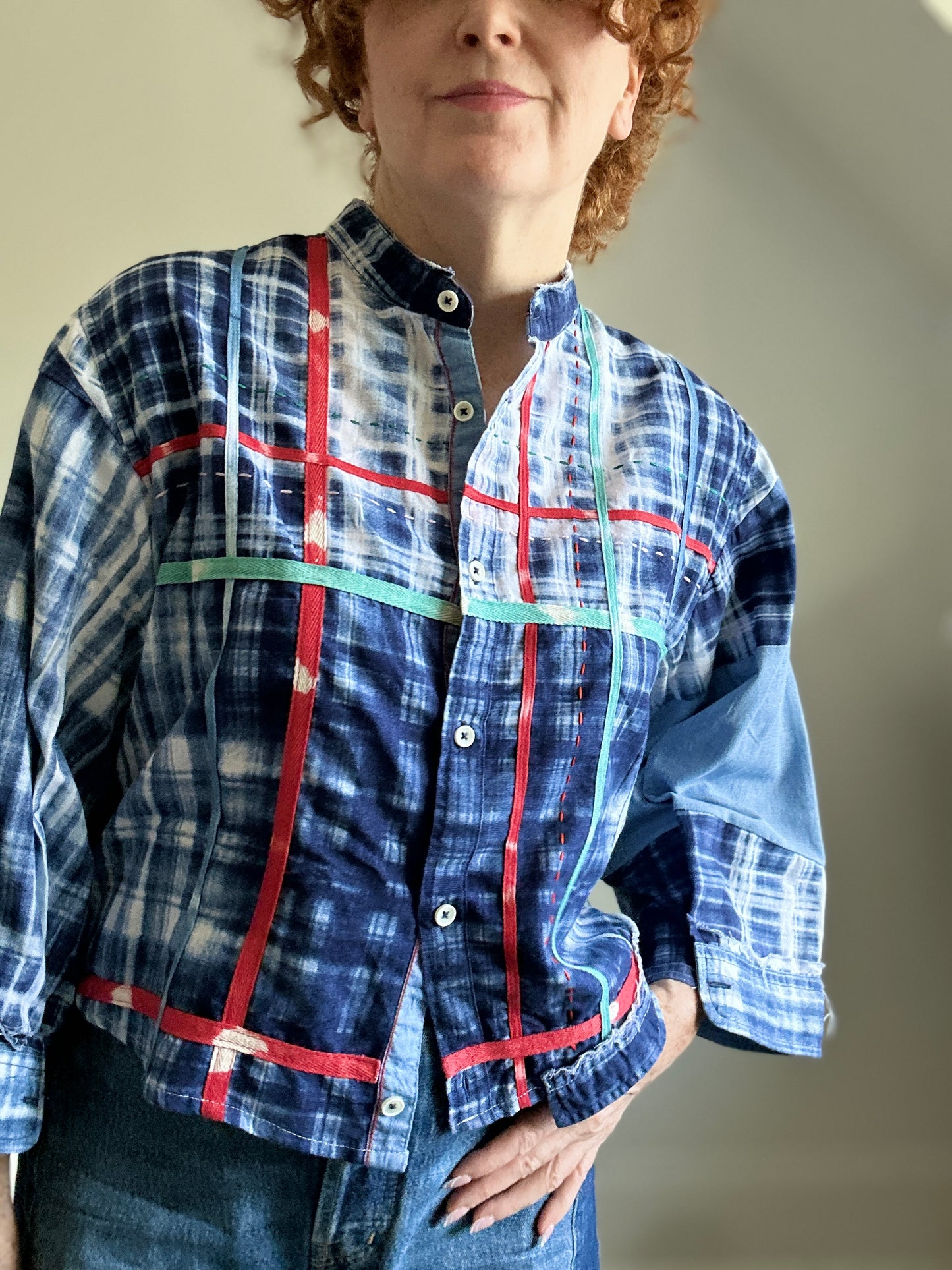 Ellis Reclaimed Patchwork Lightweight Cotton & Denim Shirt with Handstitching & Hand Dyed Twill Ribbon XL/2X #ELL5