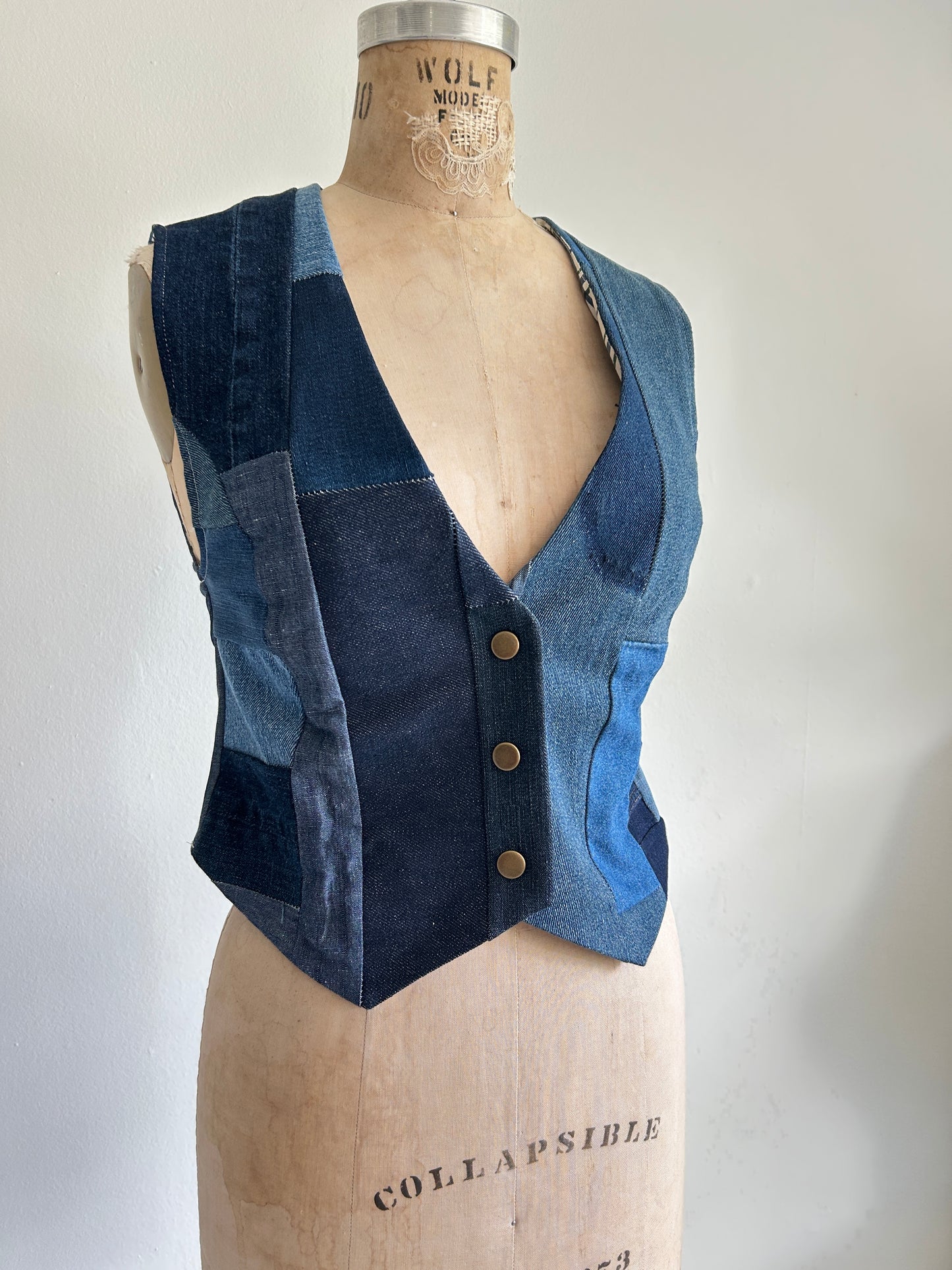 Leni Reclaimed Patchwork Denim Vest with Cotton Lining XS #LENI1