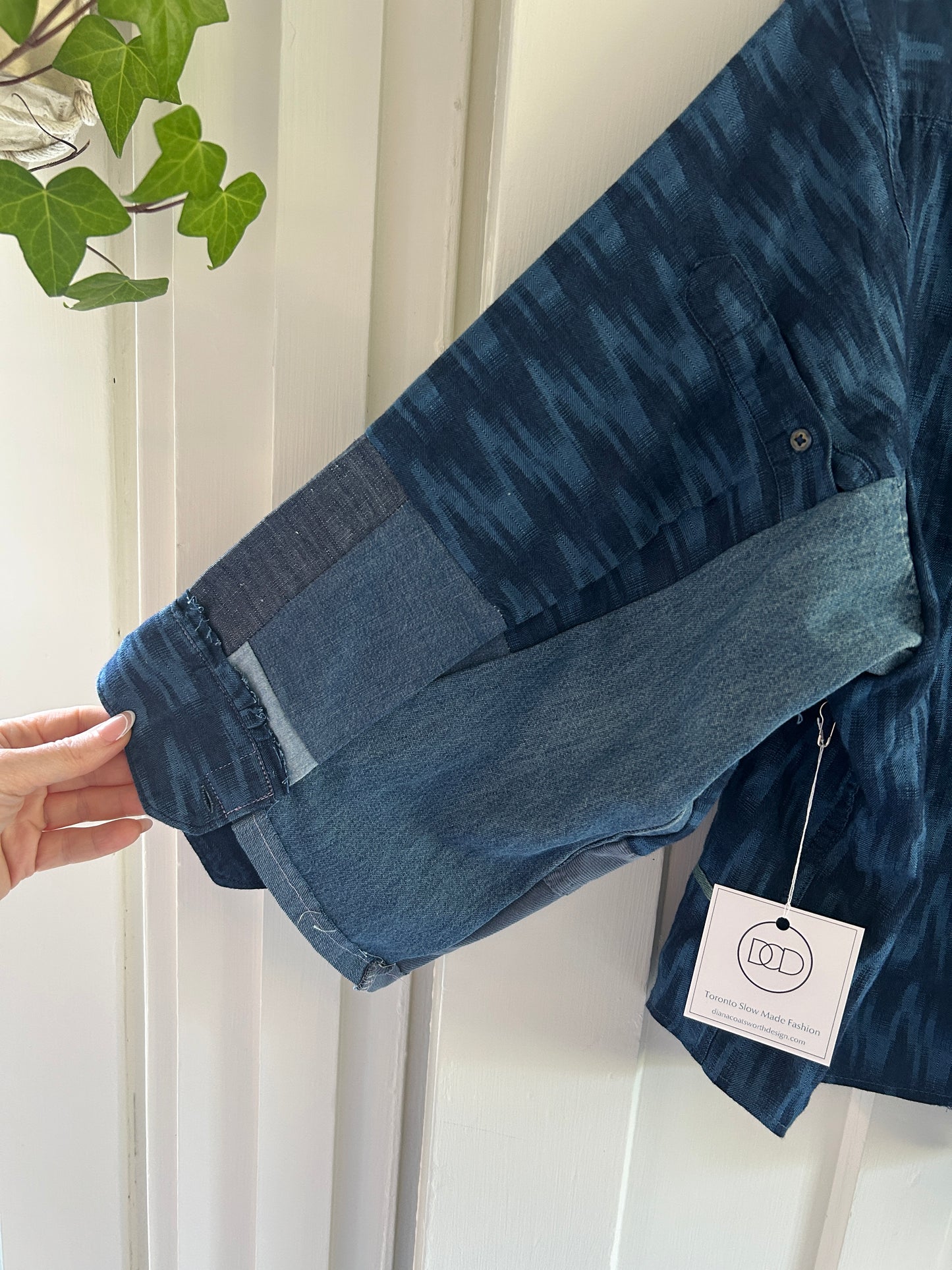 Ellis Reclaimed Patchwork Denim Ikat Shirt with Handstitching & Hand Dyed Twill Ribbon L/XL #ELL7