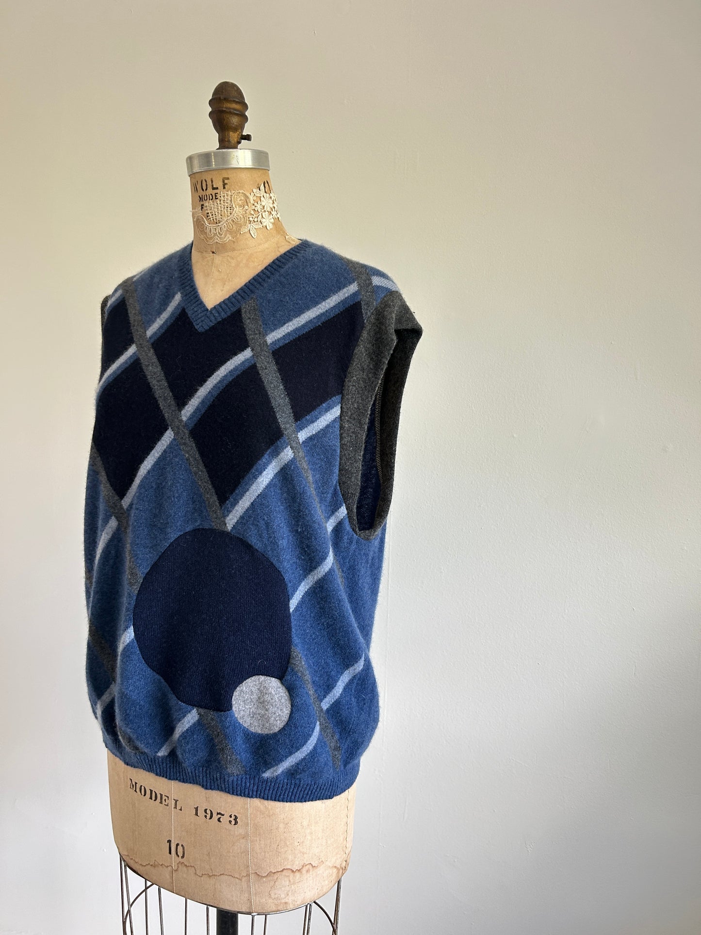Abstract Art Patched Upcycled Cashmere Vest Size L/XL #ARTV15