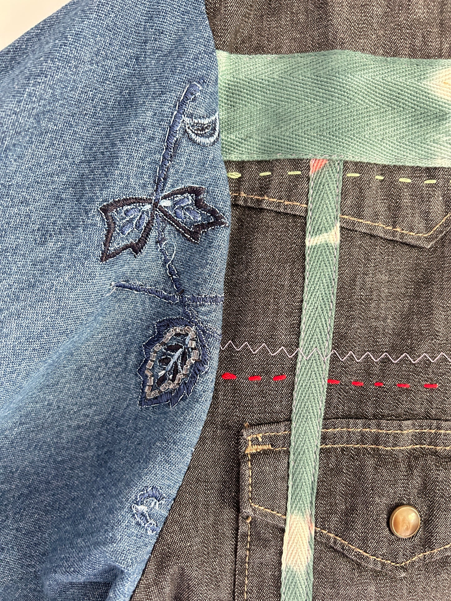 Ellis Reclaimed Patchwork Wrangler Denim Shirt with Handstitching & Hand Dyed Twill Ribbon M/L #ELL9