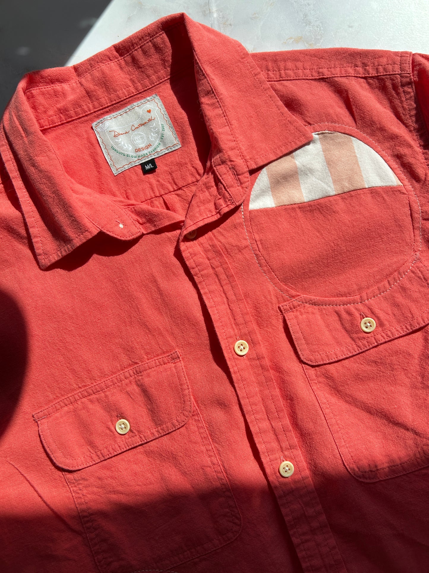 Upcycled Modern Workwear Cotton Linen Stripe Shirt - Circle Series Size M/L #PIN5