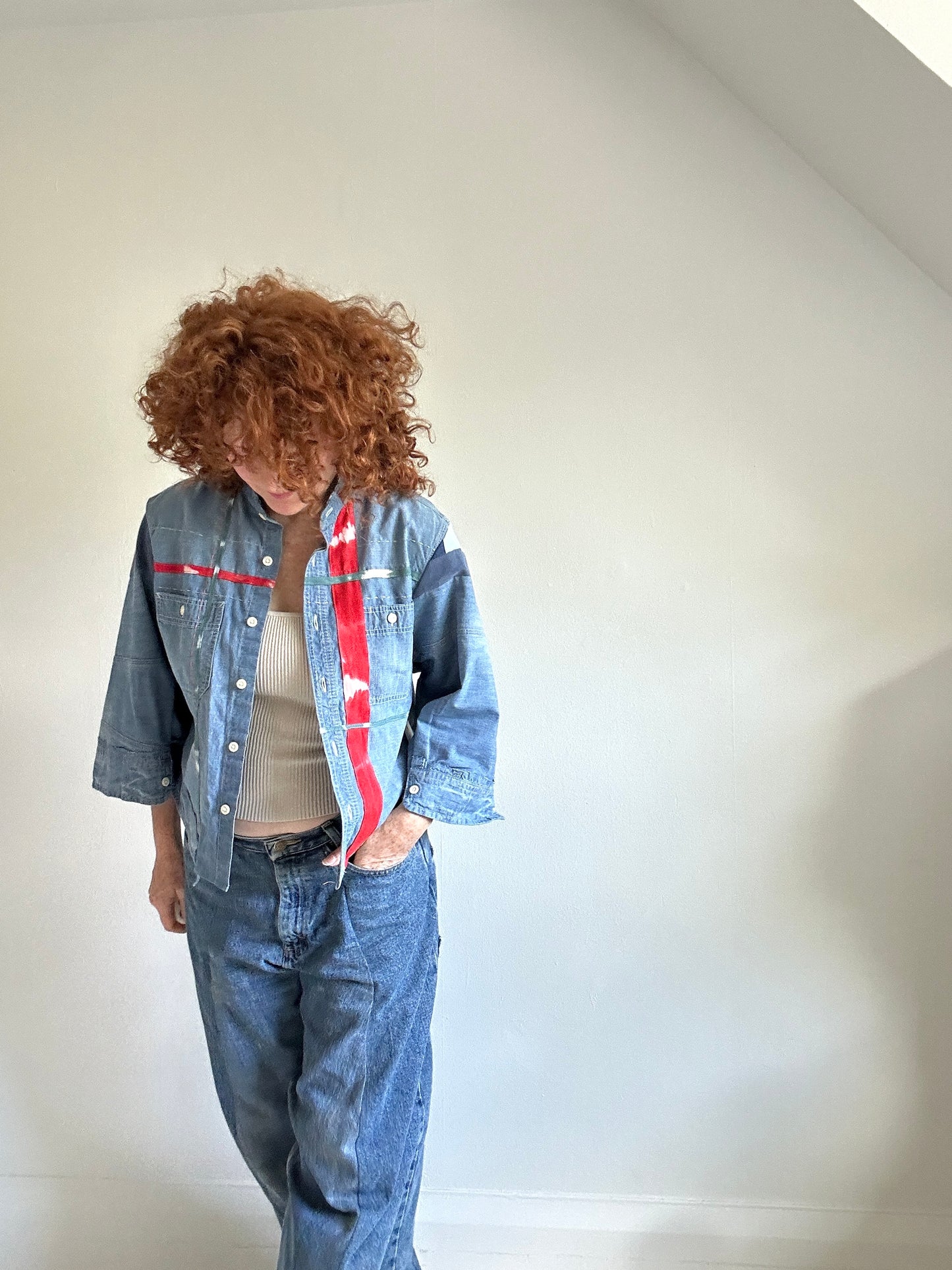 Ellis Reclaimed Patchwork Denim Shirt with Handstitching & Hand Dyed Twill Ribbon M/L #ELL4