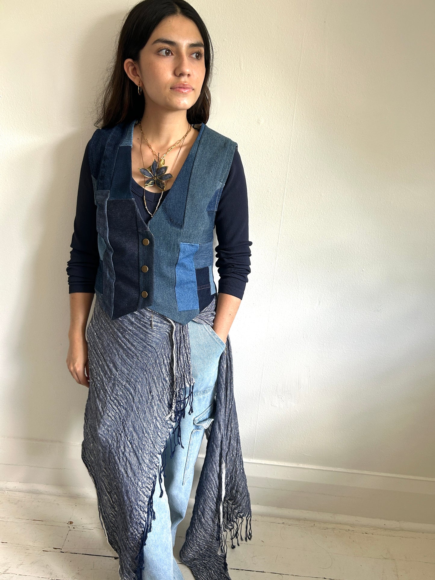 Leni Reclaimed Patchwork Denim Vest with Cotton Lining XS #LENI1