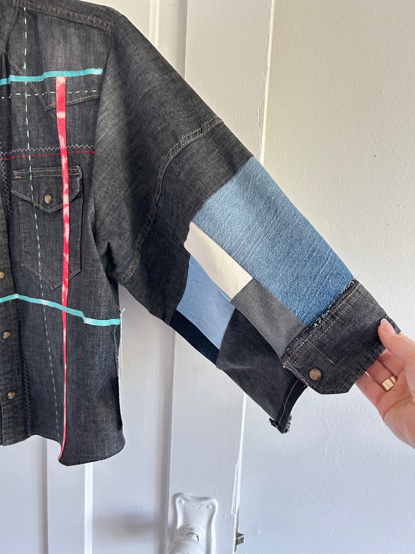 Ellis Reclaimed Patchwork Wrangler Denim Shirt with Handstitching & Hand Dyed Twill Ribbon M/L #ELL9