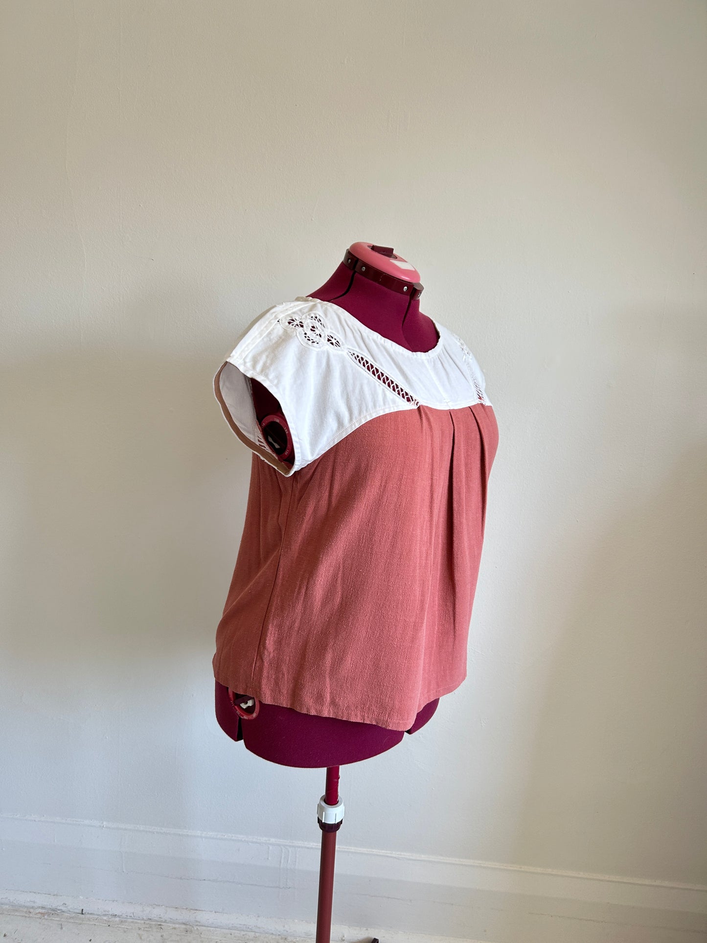 Peony Top - One of a Kind Upcycled Vintage Battenberg Lace, Cotton & Linen Size XL #PEO9