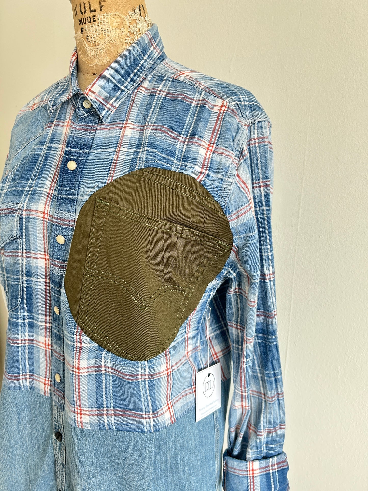 Upcycled Modern Workwear Cotton & Denim Shirt - Circle Series Size M/L #DEN12
