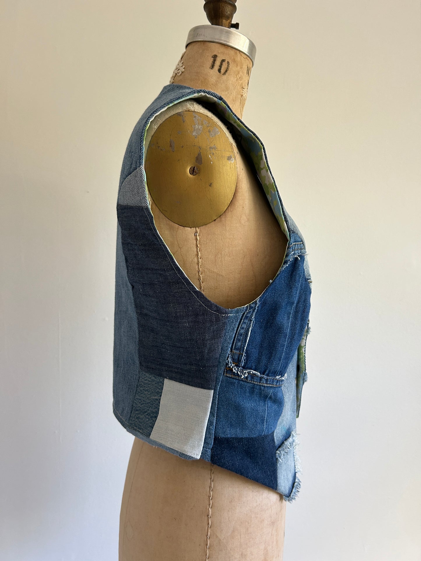 Leni Reclaimed Patchwork Denim Vest with Cotton Lining S/M #LENI4