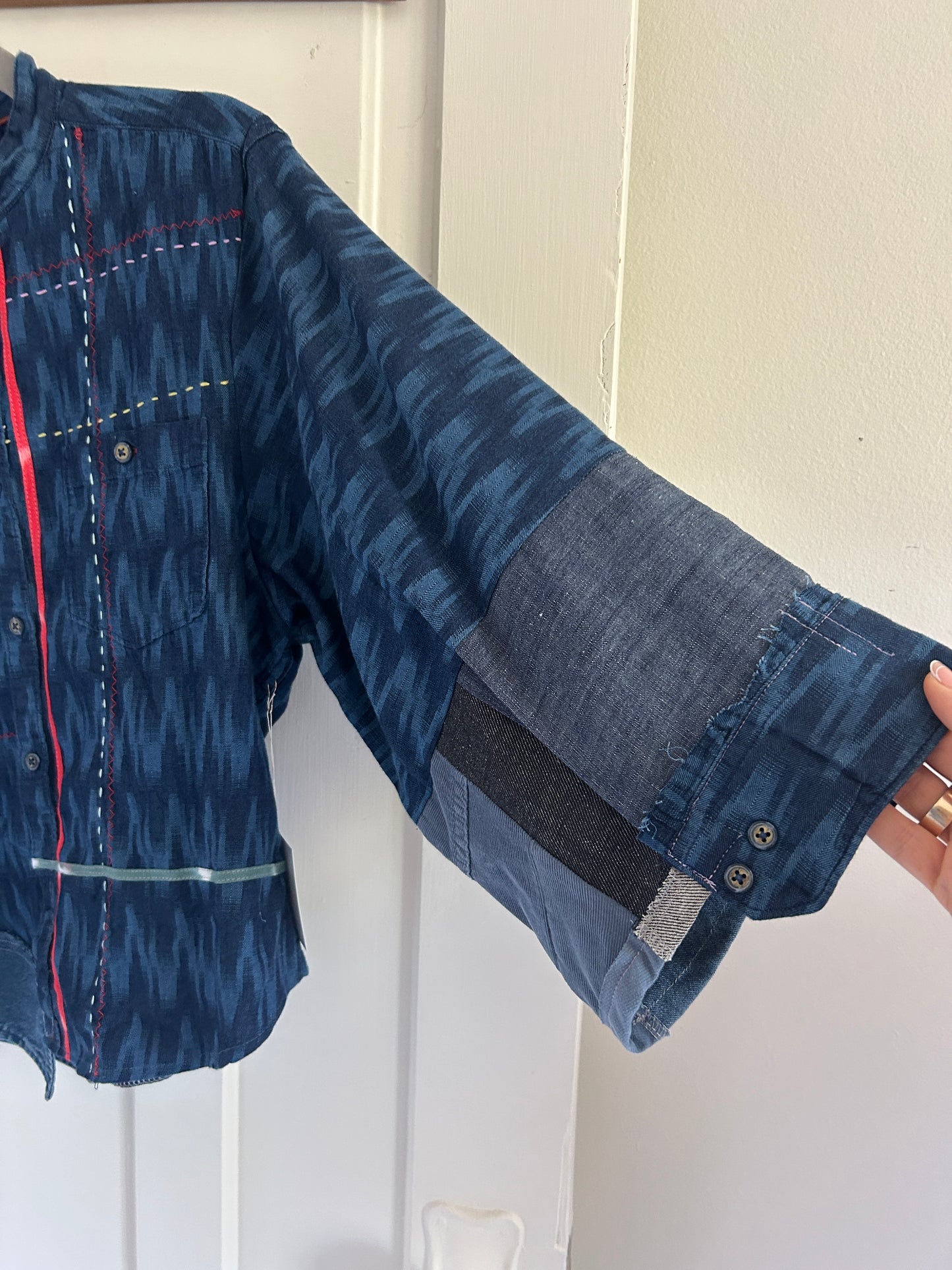 Ellis Reclaimed Patchwork Denim Ikat Shirt with Handstitching & Hand Dyed Twill Ribbon L/XL #ELL7