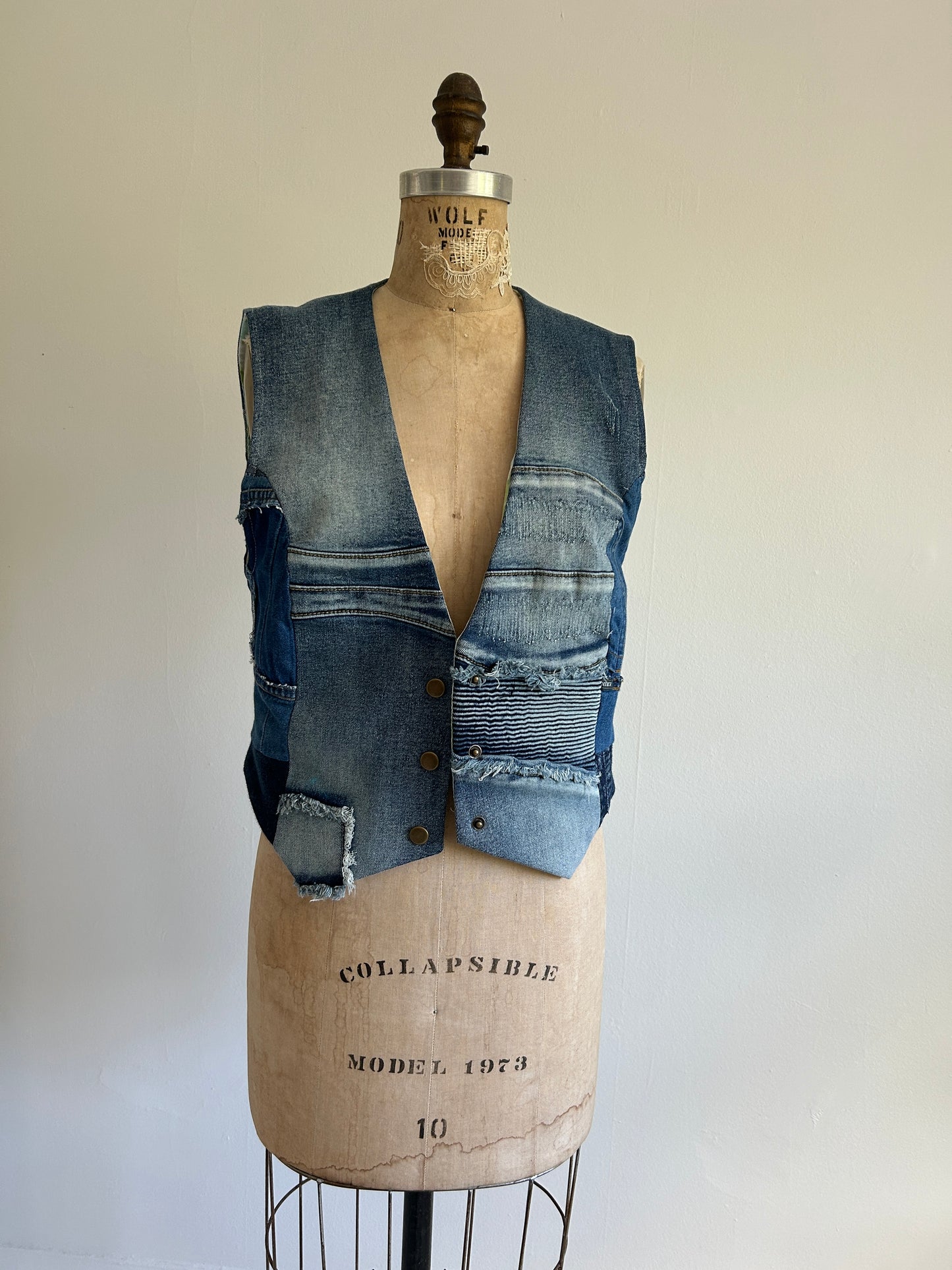 Leni Reclaimed Patchwork Denim Vest with Cotton Lining S/M #LENI4