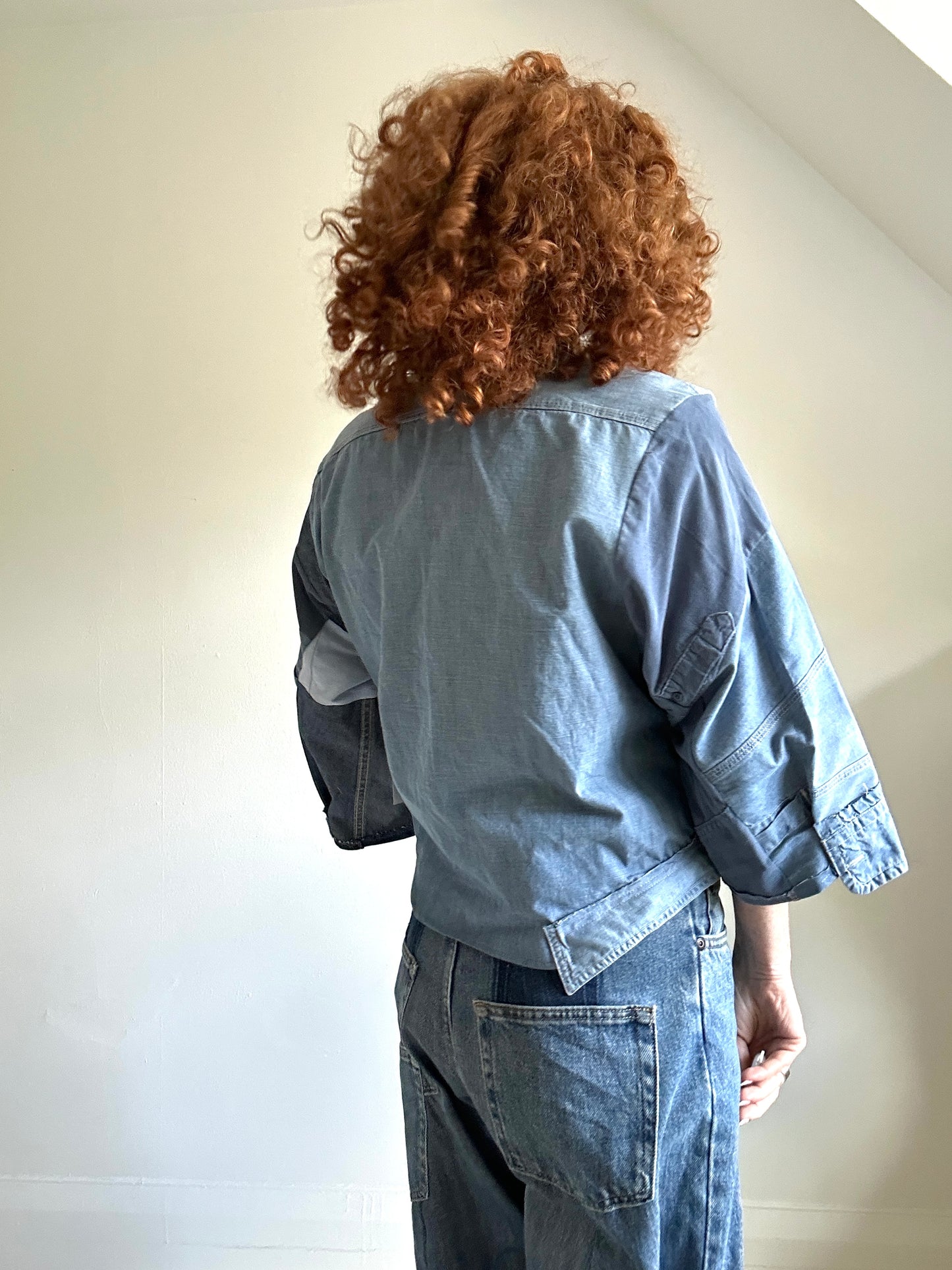 Ellis Reclaimed Patchwork Denim Shirt with Handstitching & Hand Dyed Twill Ribbon M/L #ELL4