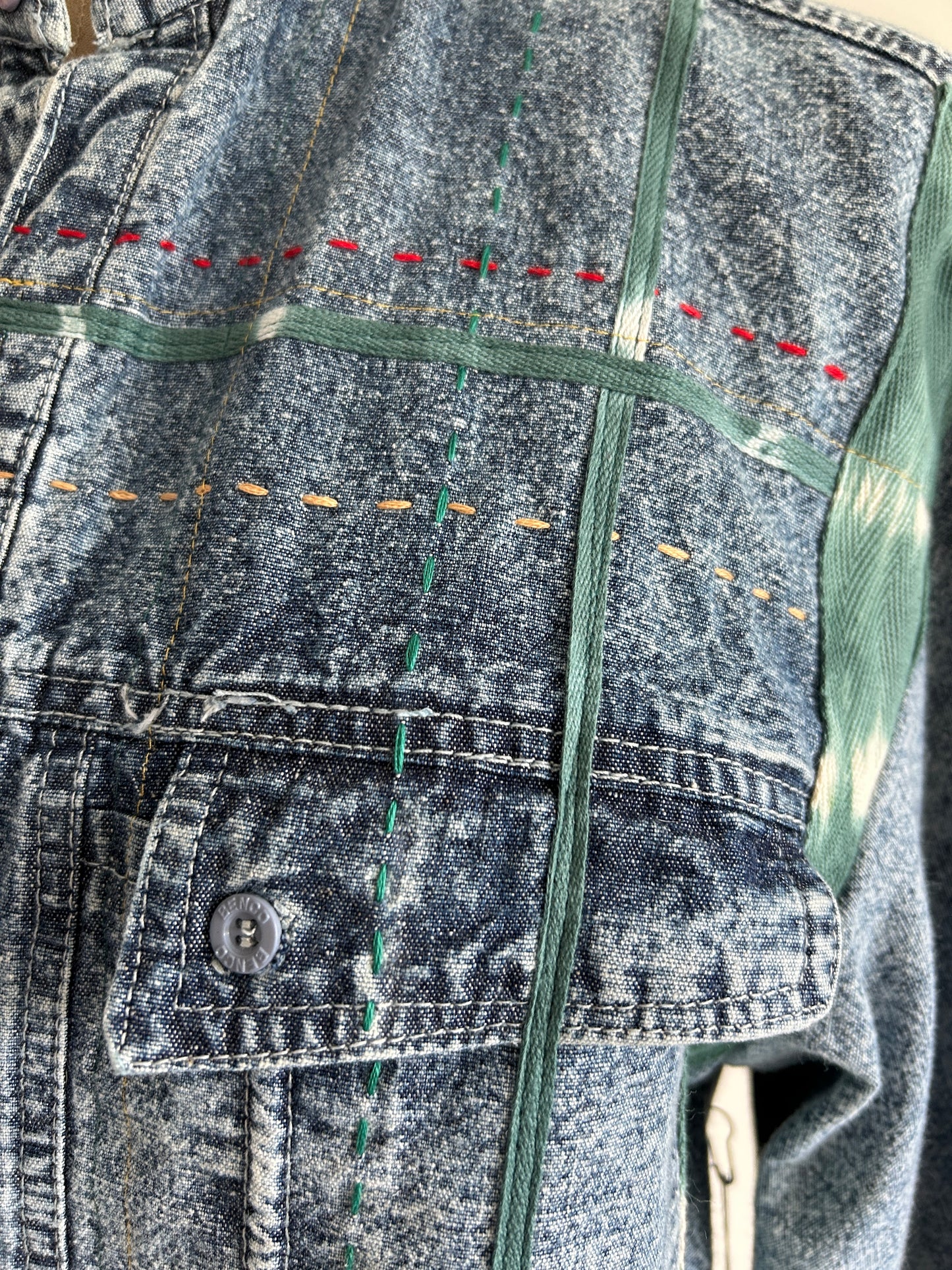 Ellis Reclaimed Patchwork Denim Shirt with Handstitching & Hand Dyed Twill Ribbon XS/S #ELL2
