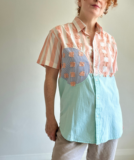 Upcycled Modern Workwear Cotton Shirt - Circle & Squares Series Size M/L #PIN10