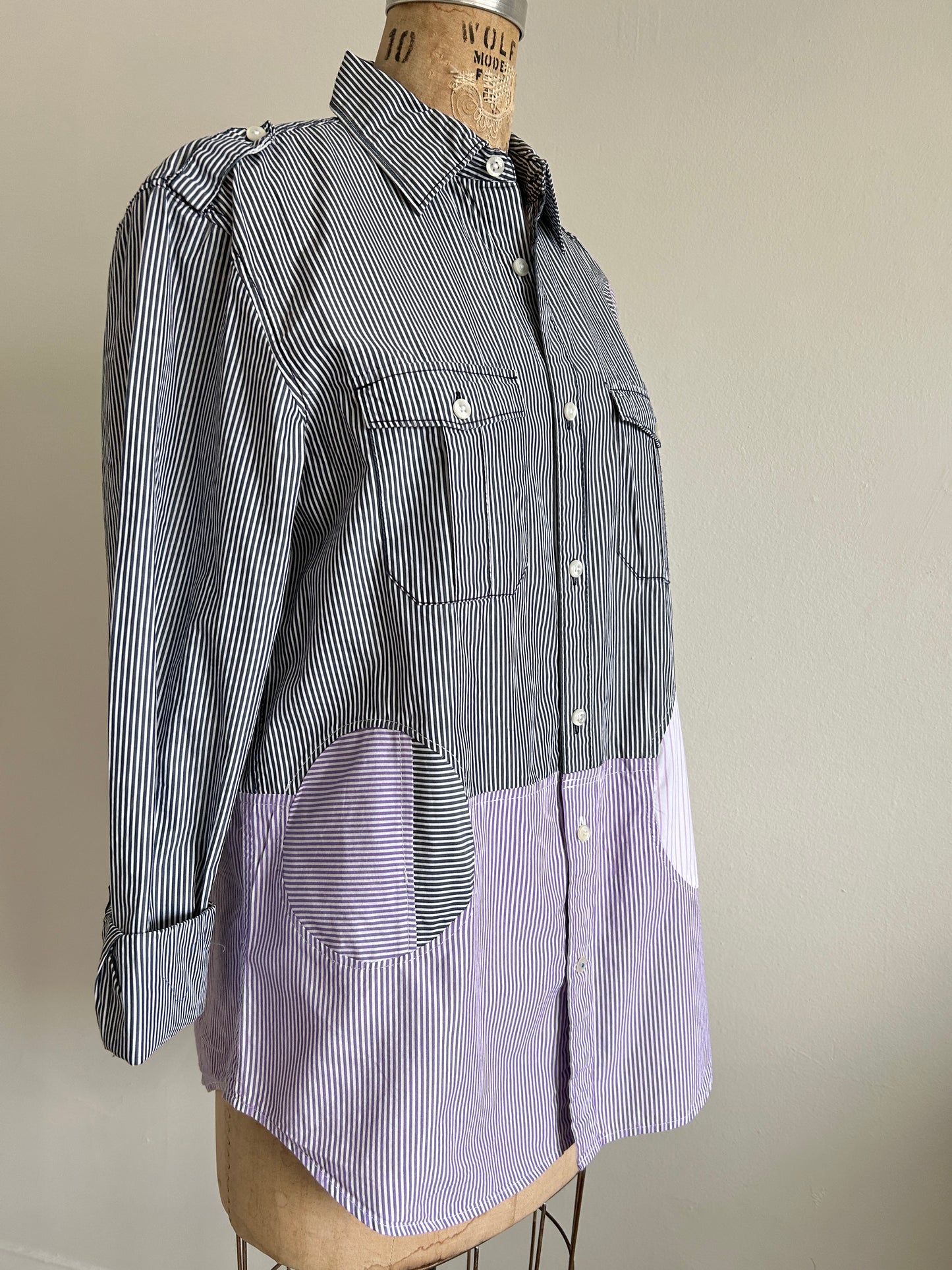 Upcycled Modern Workwear Pinstripe Shirt - Circle Series Size S/M #PIN9