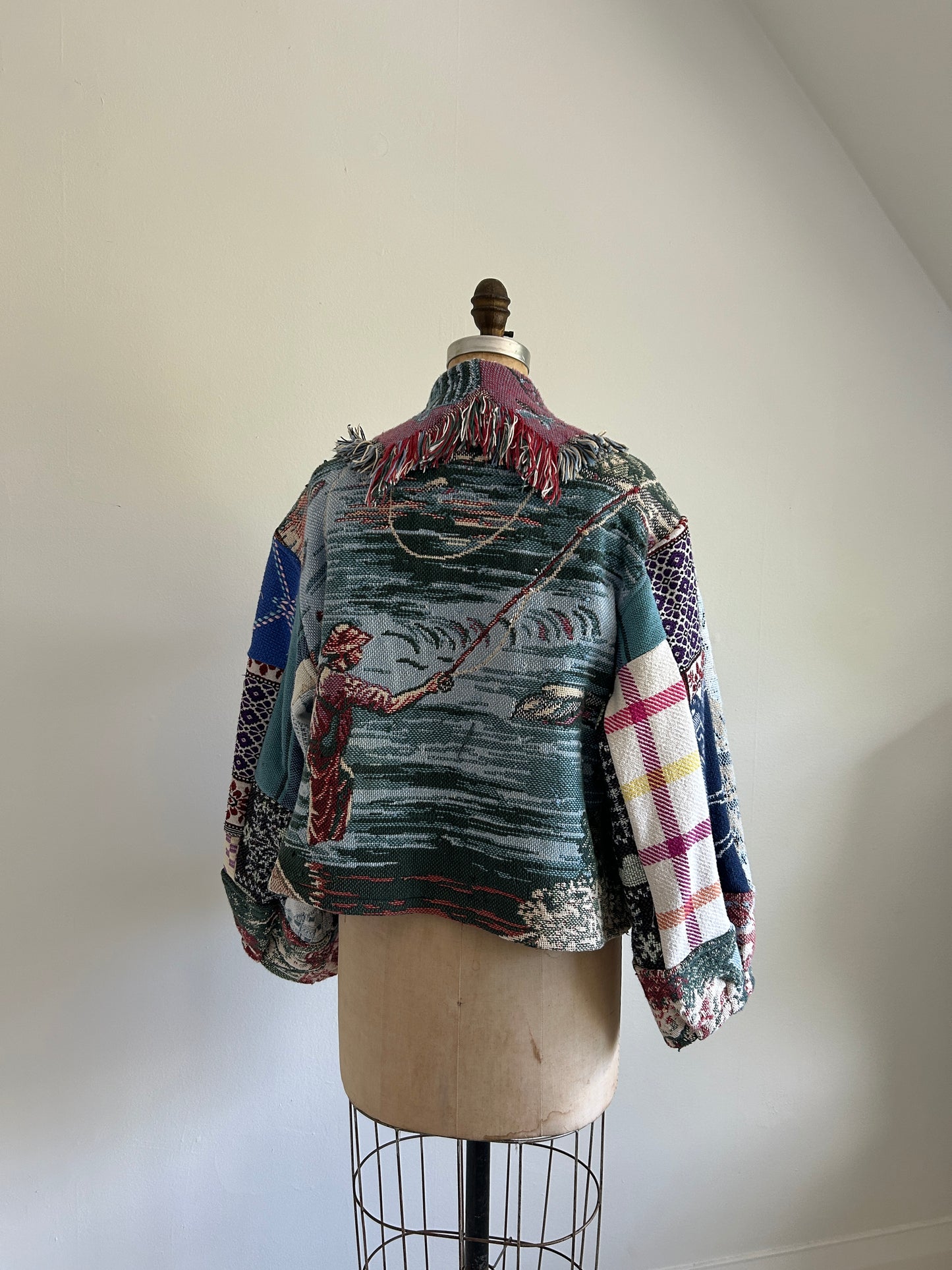 Vivianne Cropped Jacket with Upcycled Fishing Themed Throw Blanket Size M/L #VIVT10