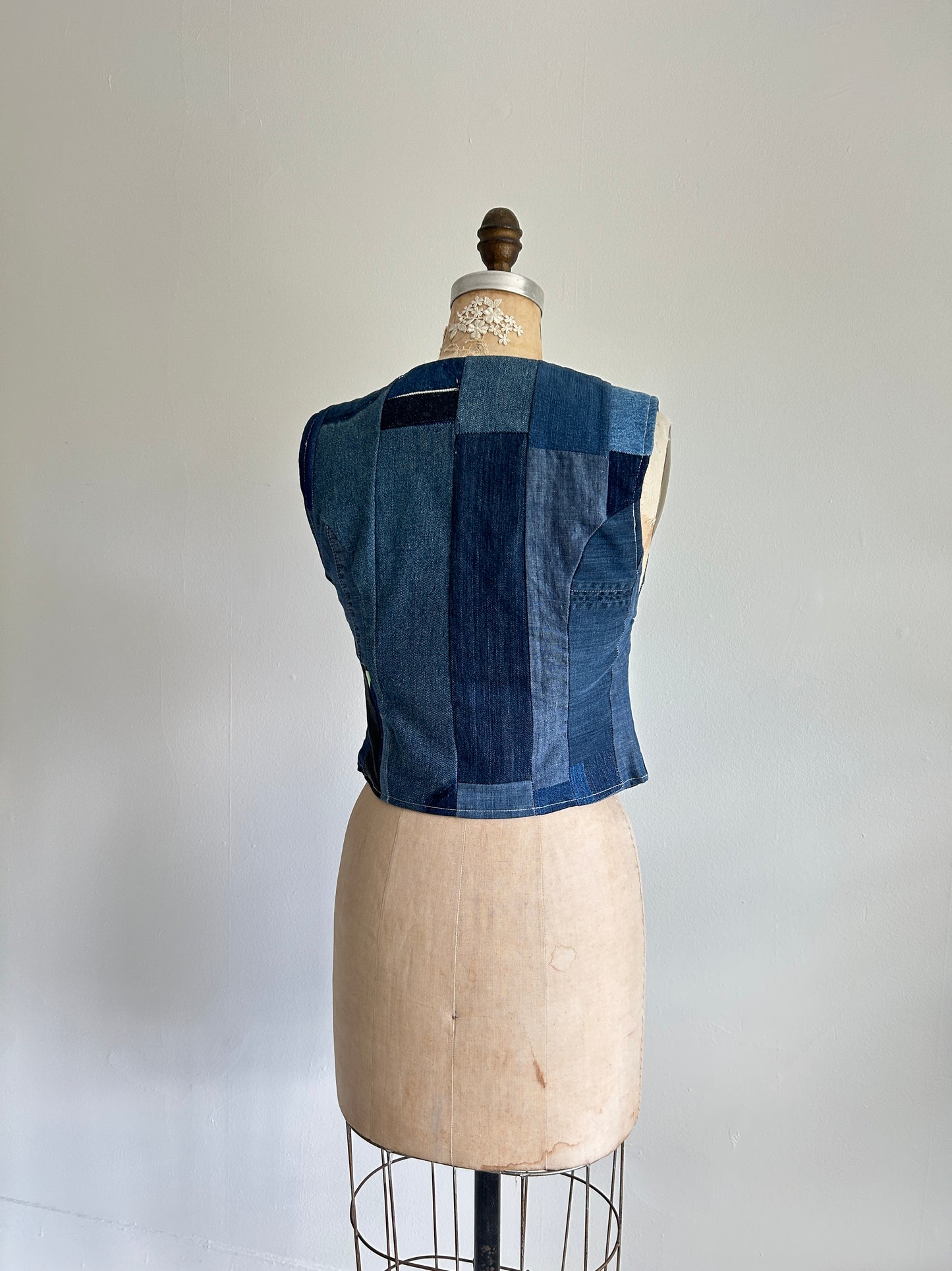 Leni Reclaimed Patchwork Denim Vest with Cotton Lining XS #LENI1