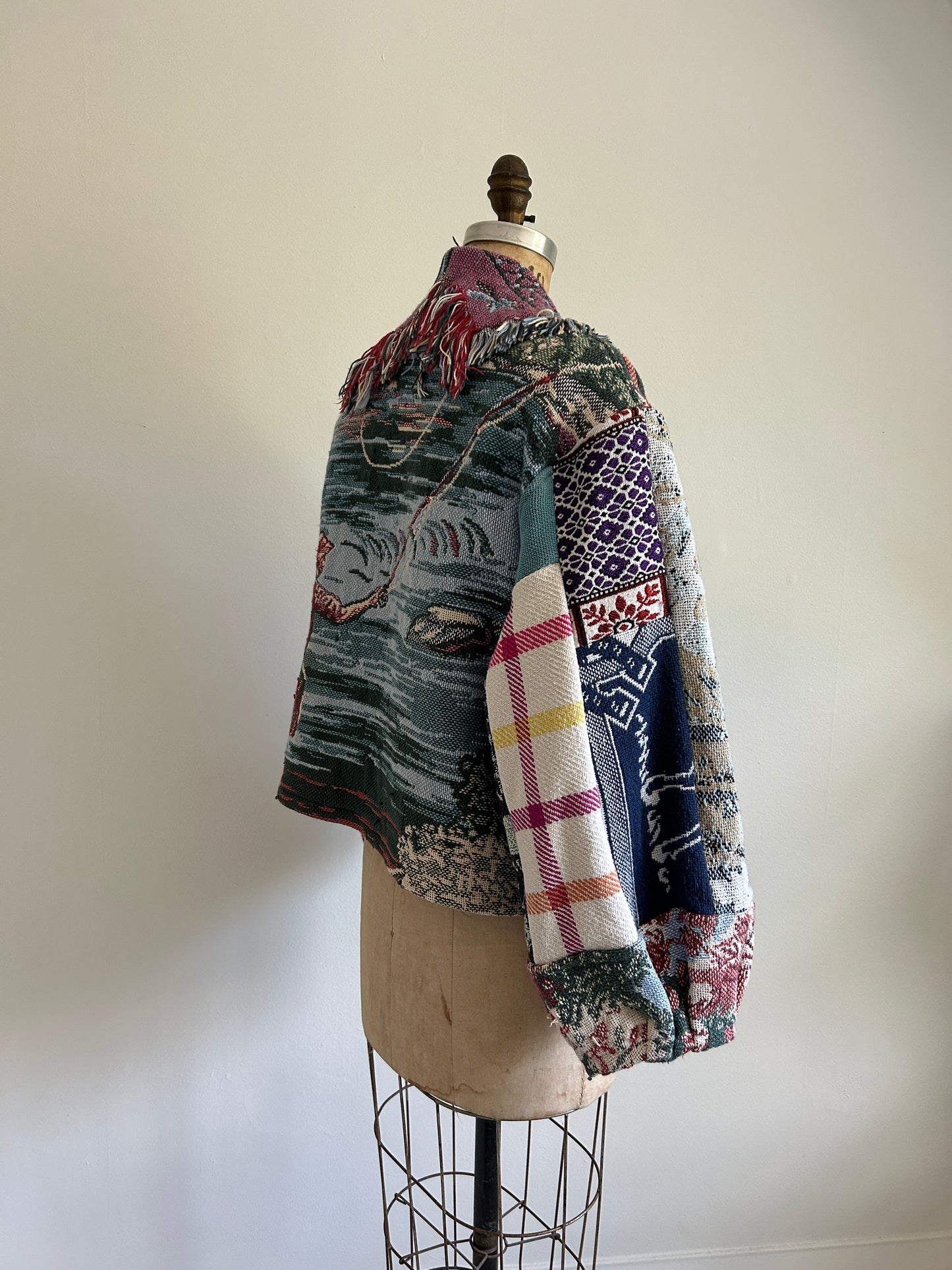 Vivianne Cropped Jacket with Upcycled Fishing Themed Throw Blanket Size M/L #VIVT10