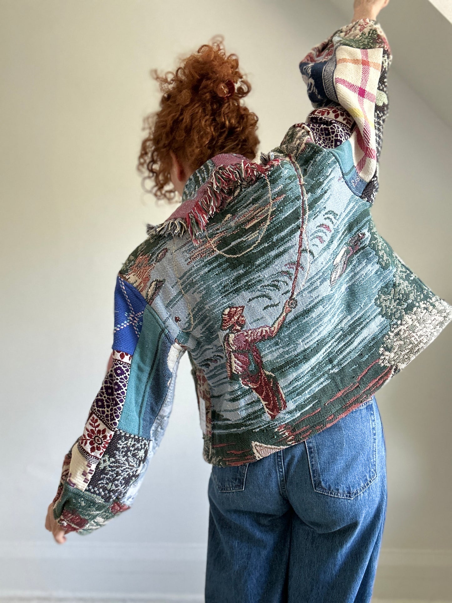 Vivianne Cropped Jacket with Upcycled Fishing Themed Throw Blanket Size M/L #VIVT10