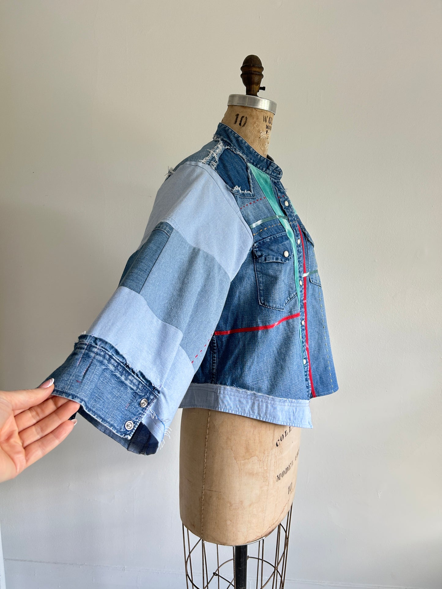 Ellis Reclaimed Patchwork Denim Shirt with Handstitching & Hand Dyed Twill Ribbon S/M #ELL3